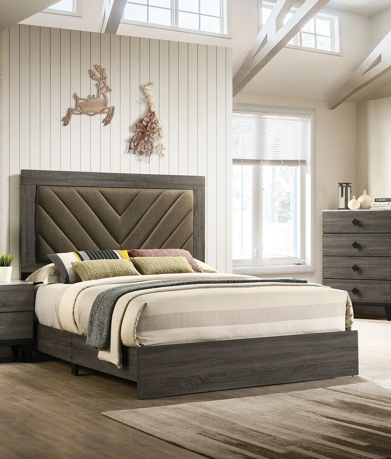 Gorgeous Classic Grey Finish Upholstered Fabric Headboard California King Size Bed Lines Design 1pc Bedroom Furniture Wooden