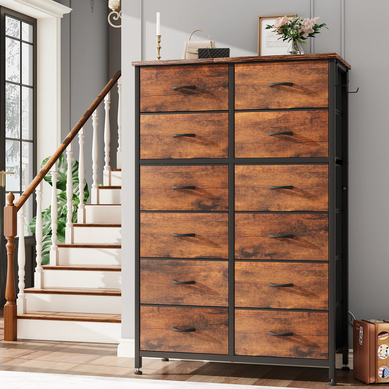 GIKPAL 12 Drawer Dresser, Dressers for Bedroom Chest of Drawers Tall Dresser Fabric Long Dresser for Kids and Adults, Steel Frame and Wooden Top Brown