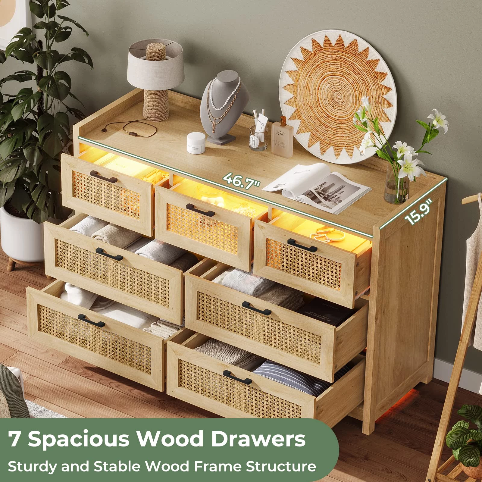 EPHEX LED Rattan Drawer Dresser for Bedroom, 7 Drawer Dresser for Bedroom, Closet, Hallway
