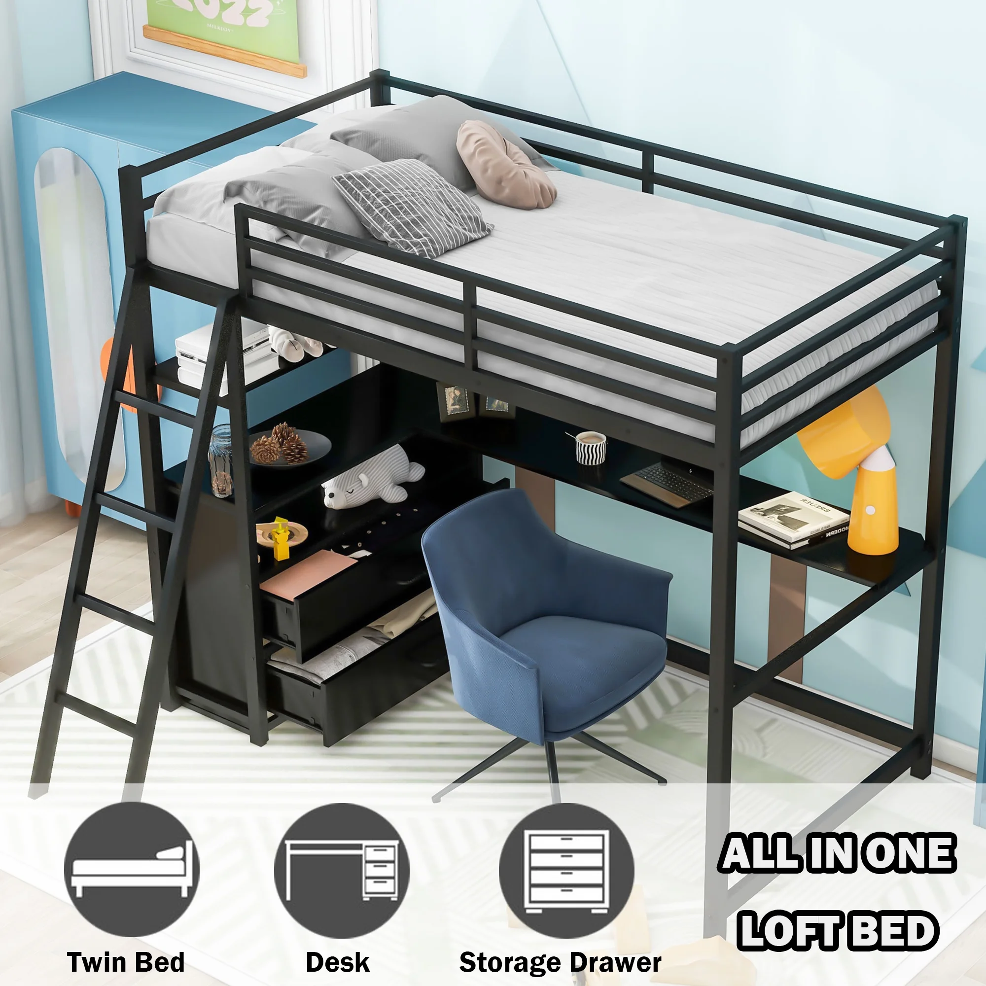 Bellemave Twin Loft Bed with Desk and Storage Metal Loft Bed Frame with Drawers and Shelves Space Saving All-in-One Loft Bed for Work and Study Twin Loft Bed for Kids, Student, Teens, Black