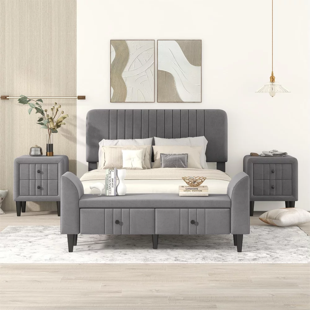 Cosymart 4-Pieces Bedroom Sets Full Size Upholstered Platform Bed With Two Nightstands And Storage Bench-Gray