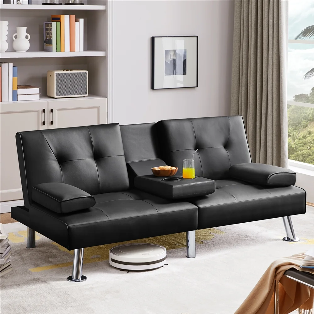 Easyfashion Modern Faux Leather Futon Sofa Bed Convertible Folding Couch with Cup Holders,Black