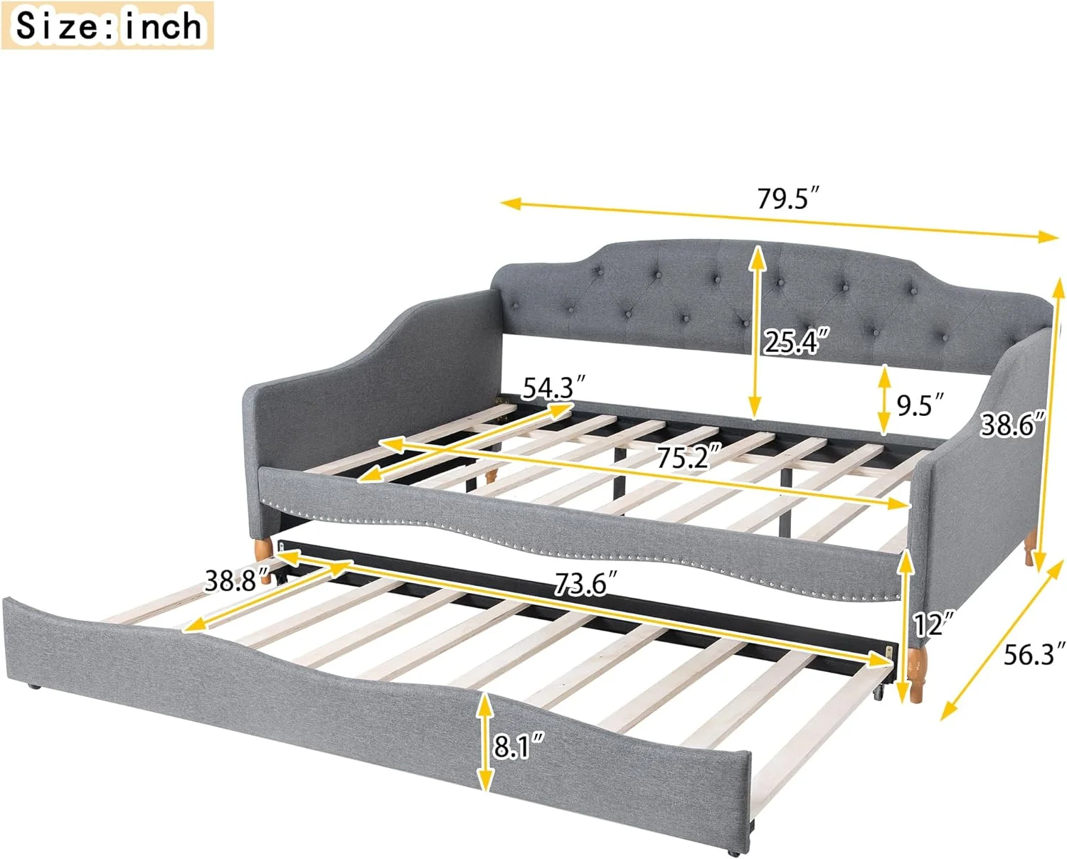 Full Size Lie Upholstered Tufted Daybed Bed With Size Trudle,Sofa Day Bed Frame With Butto Tufted Backrest For Livig Room, Bedroom, Guestroom,Gray