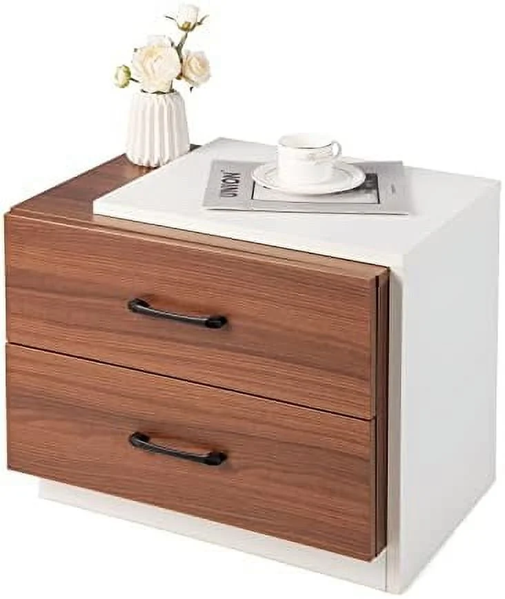 TJUNBOLIFE Modern Nightstand with 2 Drawers Wooden Bedside Table with Unique Framed Design Multifunctional End Table for Living Room Bedroom Study Walnut & White