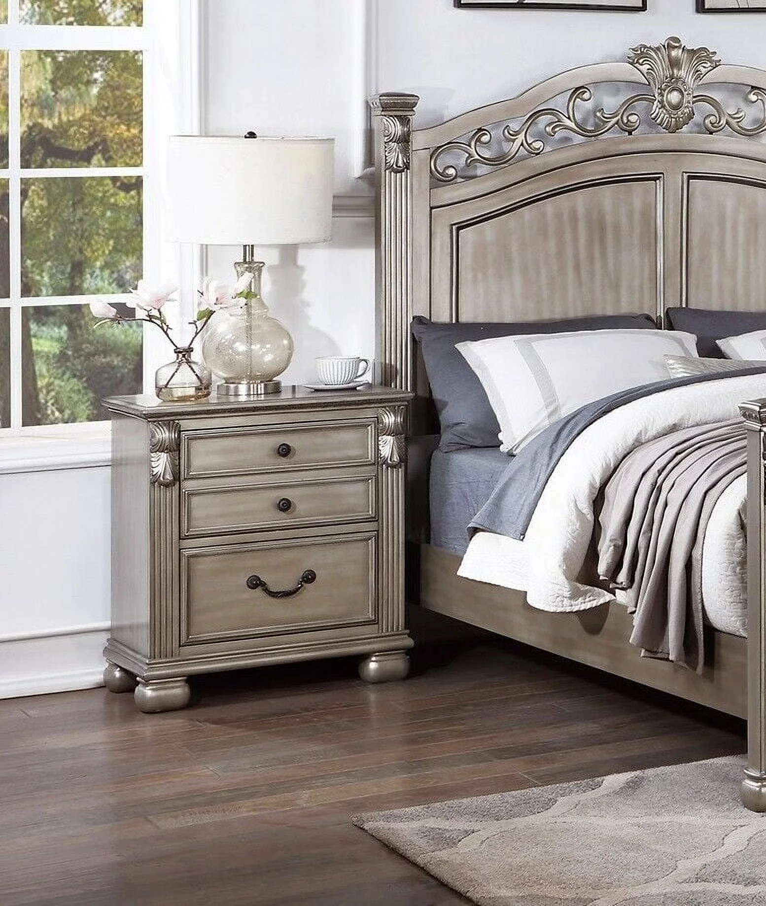 Majestic Traditional Queen Bed Dresser Mirror 2x Nightstands Chest Wooden Grey Finish 6pc Set Bedroom Furniture