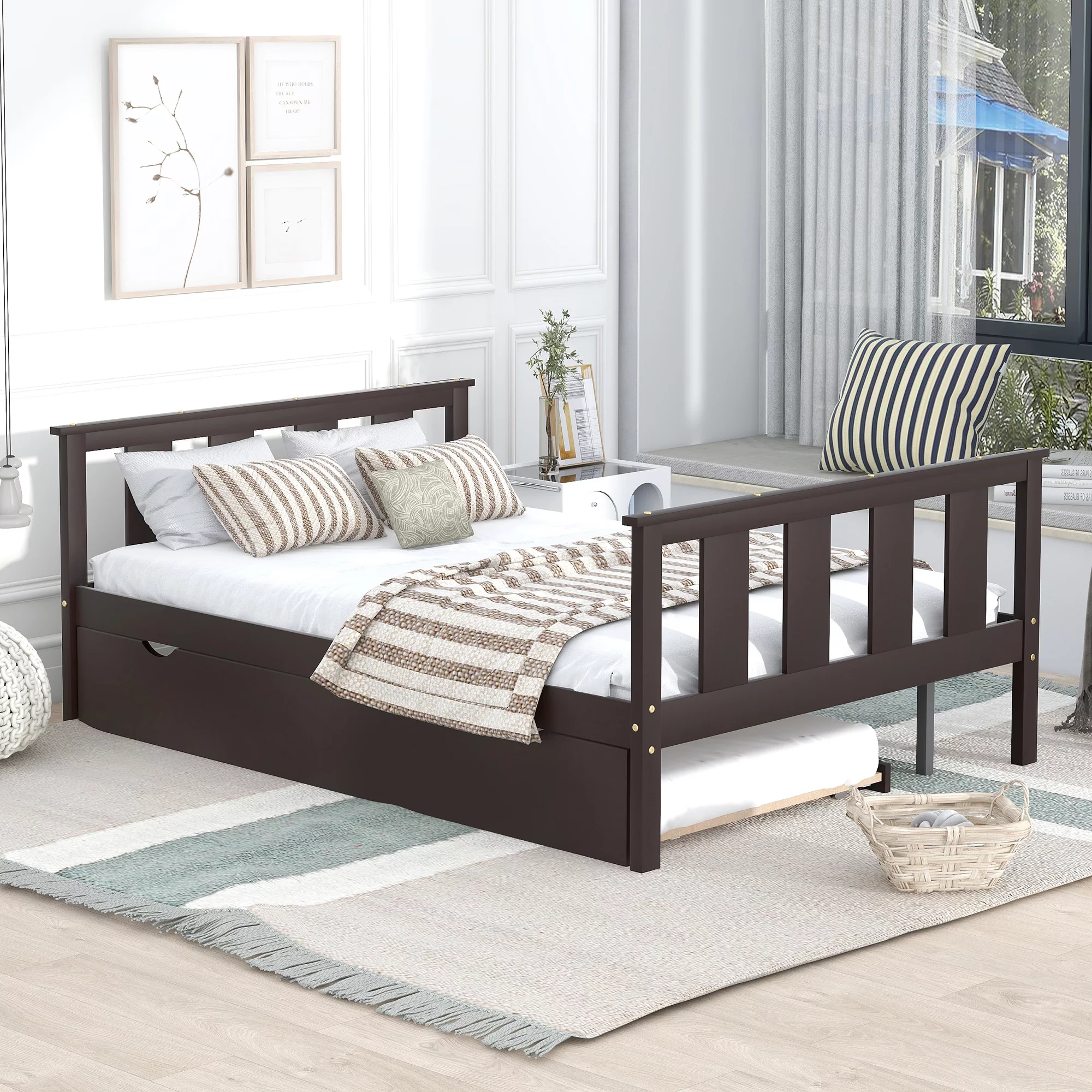 Bellemave Full Size Platform Bed Frame with Pull Out Trundle, Slat Headboard and Footboard, Pine Wood Frame Bed for Kids, Teens, No Box Spring(Espresso)