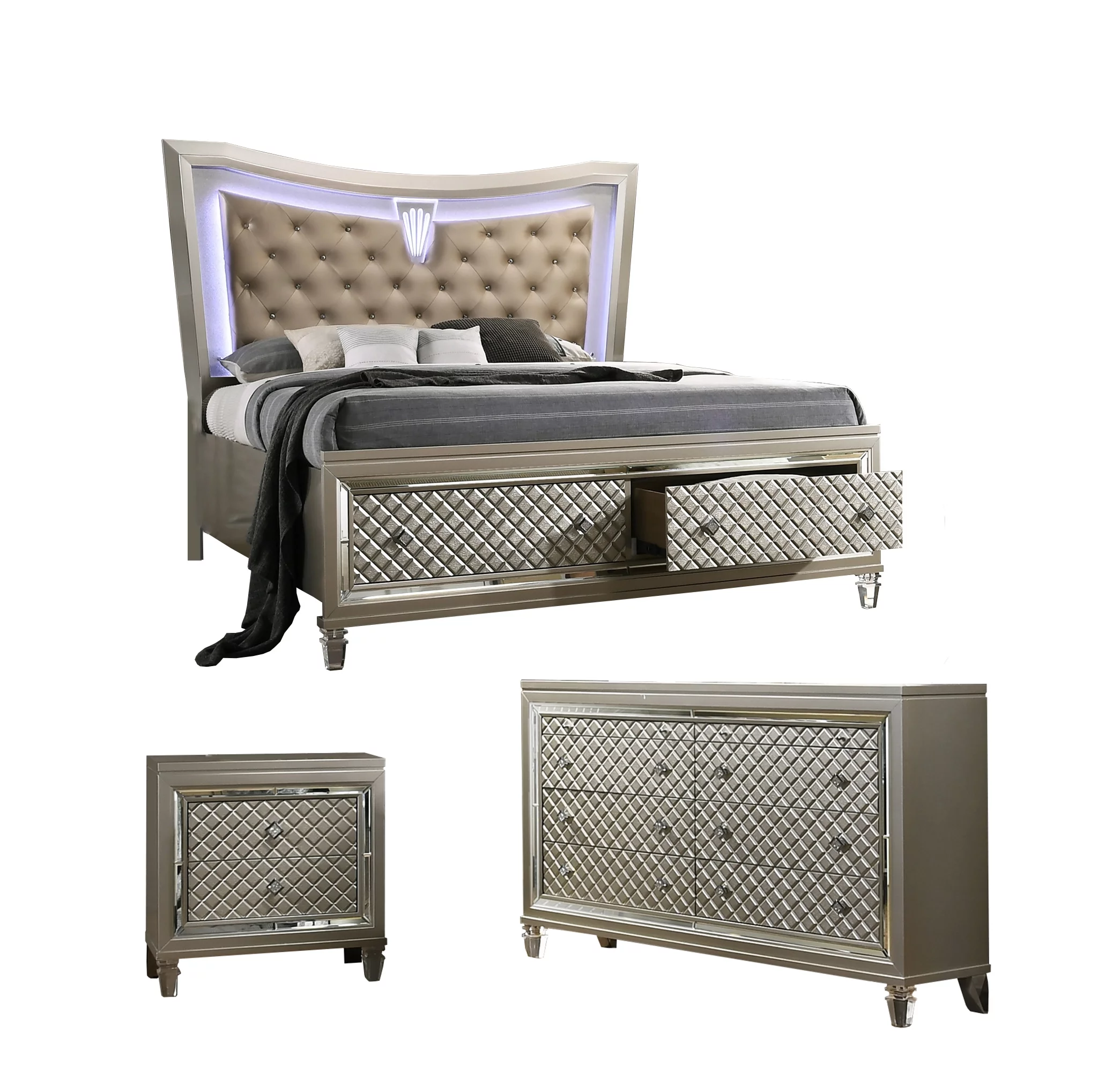 3PC Bedroom Set, Platform Panel Bed with LED Lit Headboard
