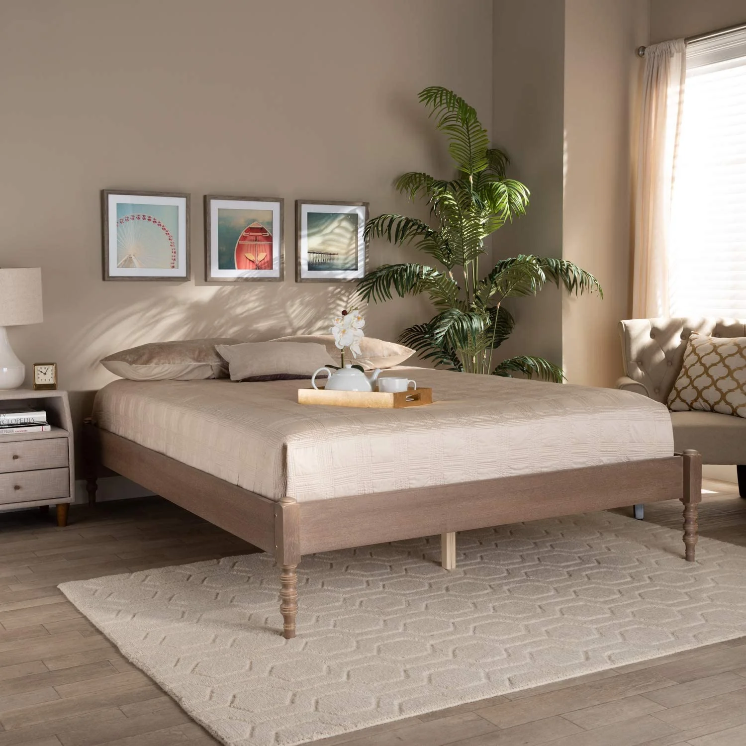 Cielle Mid-Century Wood Platform Full Bed In Antique Oak