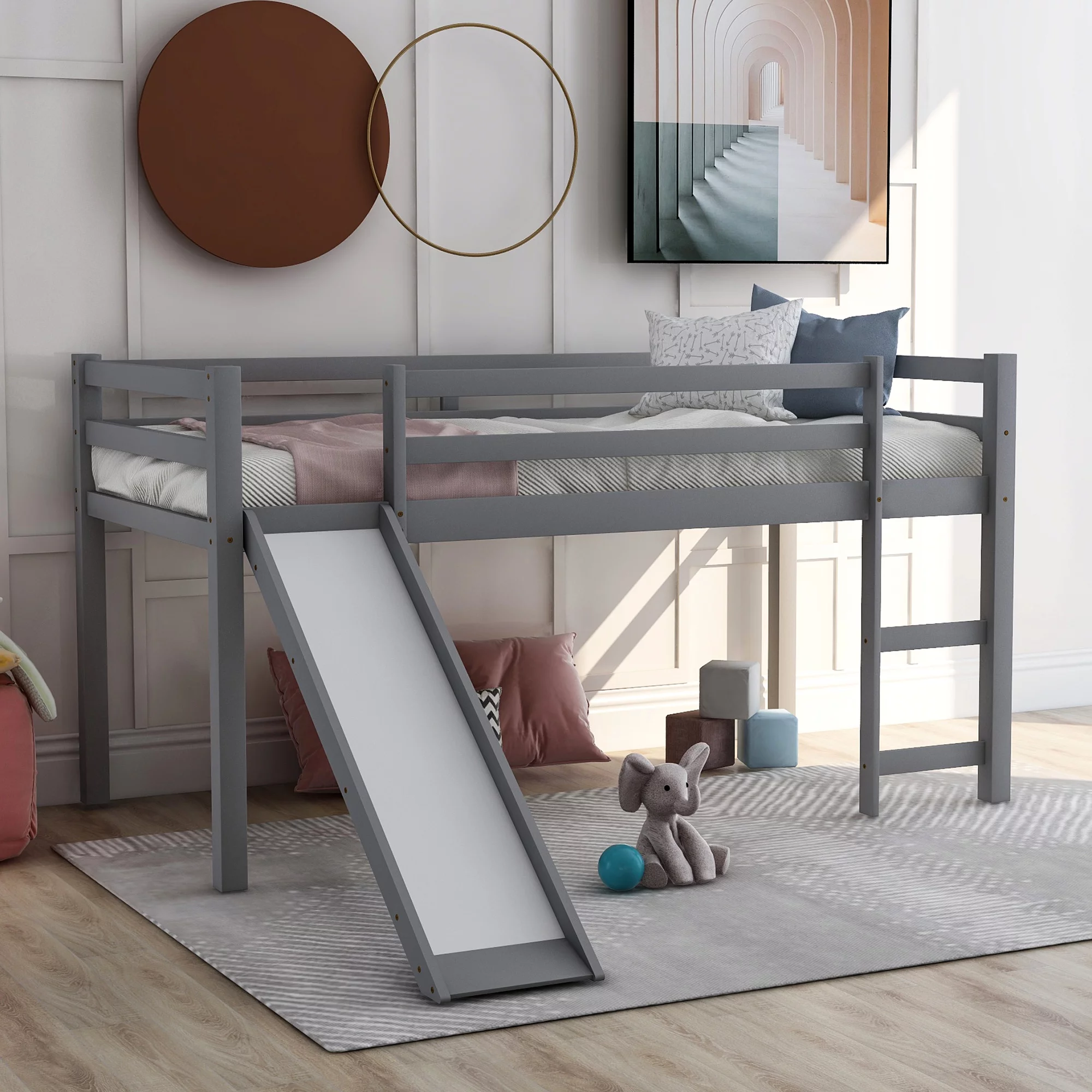 Wood Loft Bed with Slide Ladder Low Bunk Bed Kids Bedroom Furniture Bed Frame for Boys, Girls and Young Teens