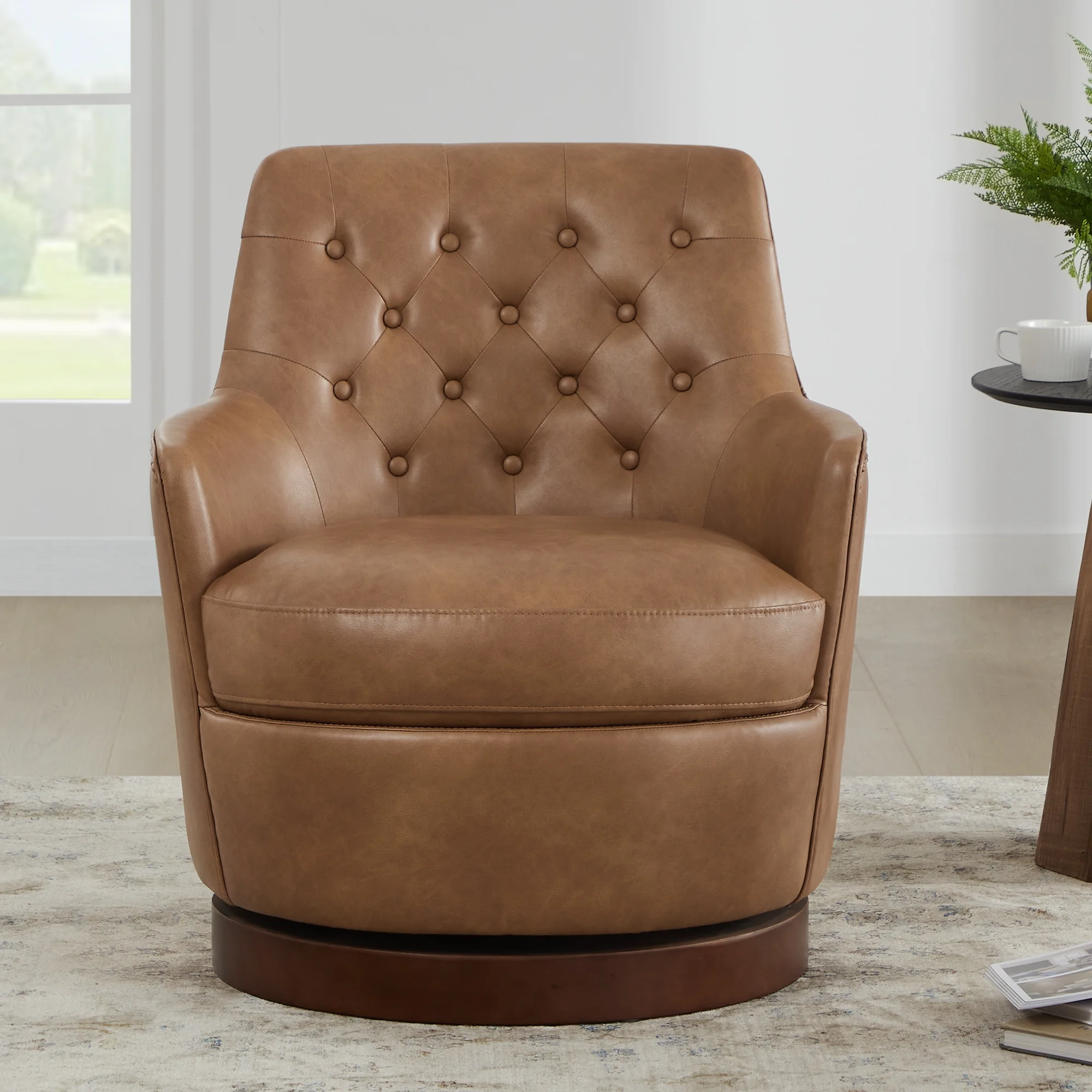 CHITA Swivel Barrel Accent Chair, Tufted Upholstered Arm Chair with Wood Base for Living Room Bedroom, Faux Leather in Saddle Brown