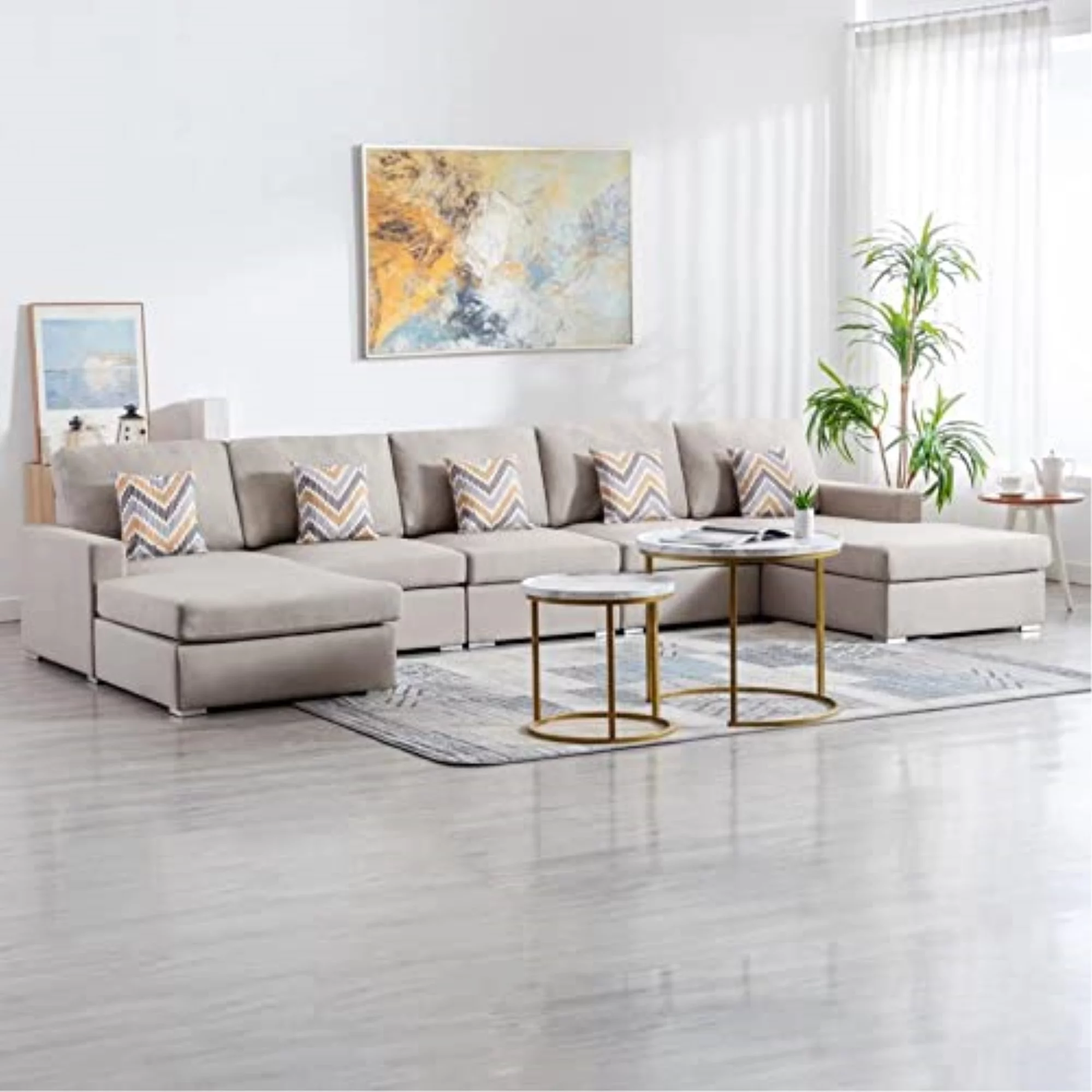 Lilola Home Nolan Linen Fabric 5Pc Double Chaise Sectional Sofa with Pillows and Interchangeable Legs-Color:Beige