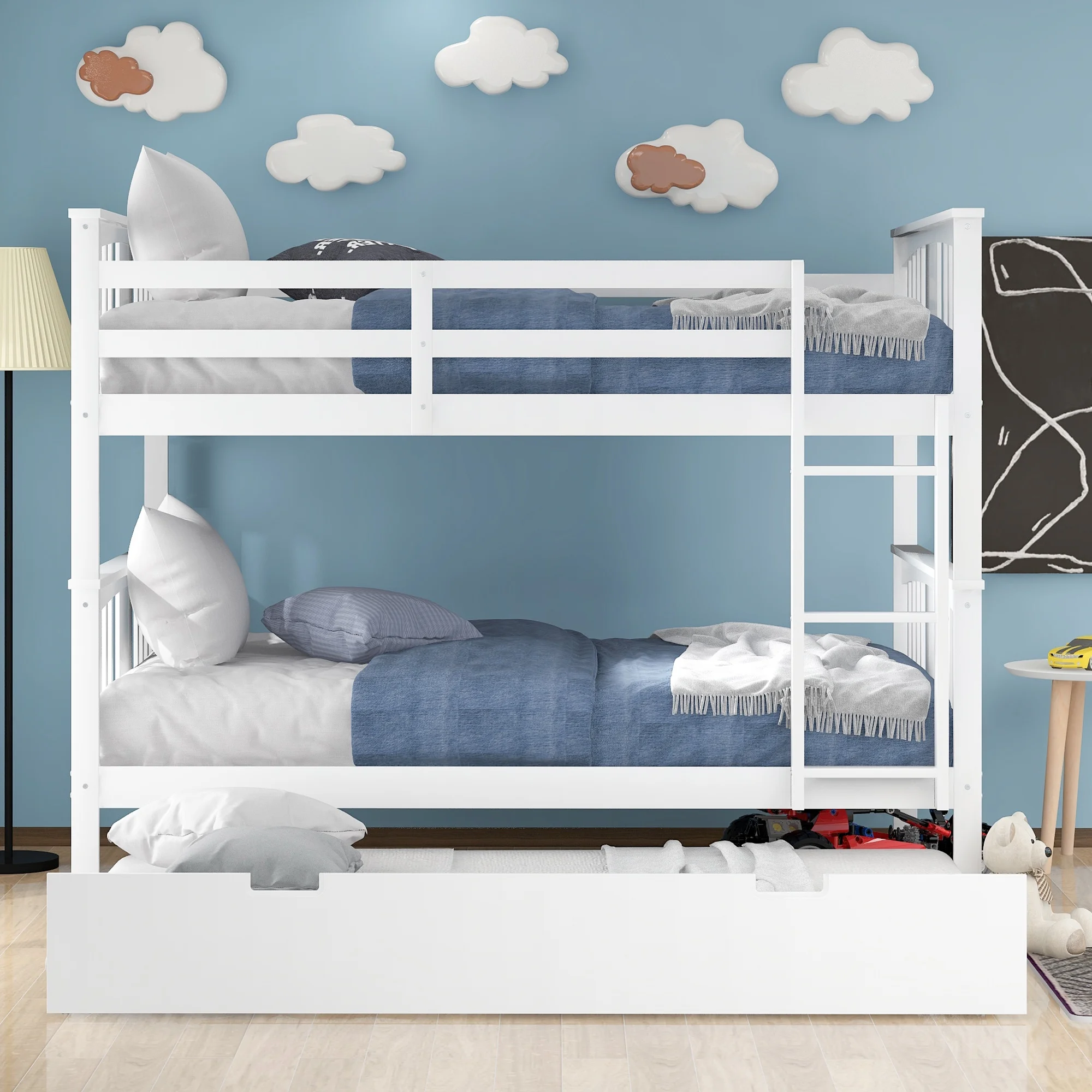 CoSoTower Full Over Full Bunk Bed With Twin Size Trundle And Ladder-White