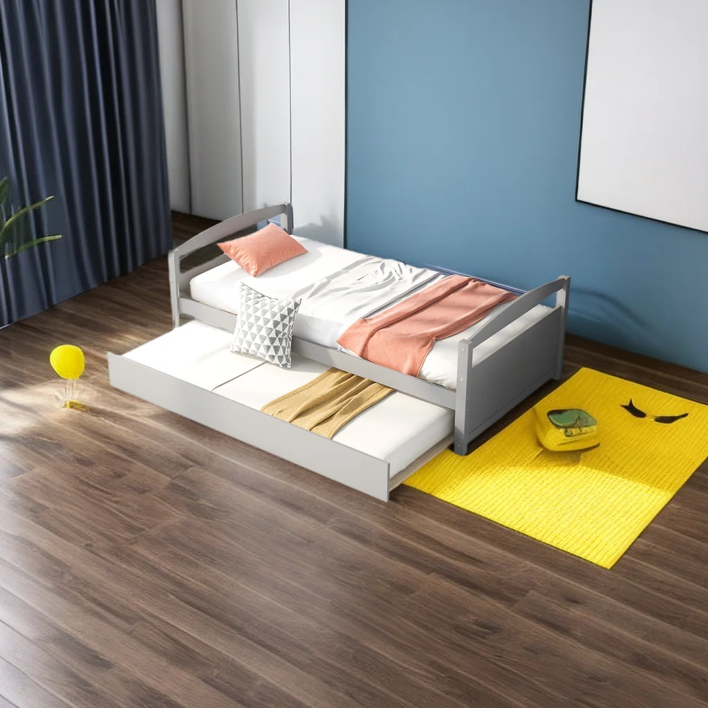 Twin Daybed Frame with Trundle, Wooden Day Bed for Living Room, Kids Twin Size Platform Bed with Headboard and Footboard for Boys Girls Teens, No Box Spring Needed