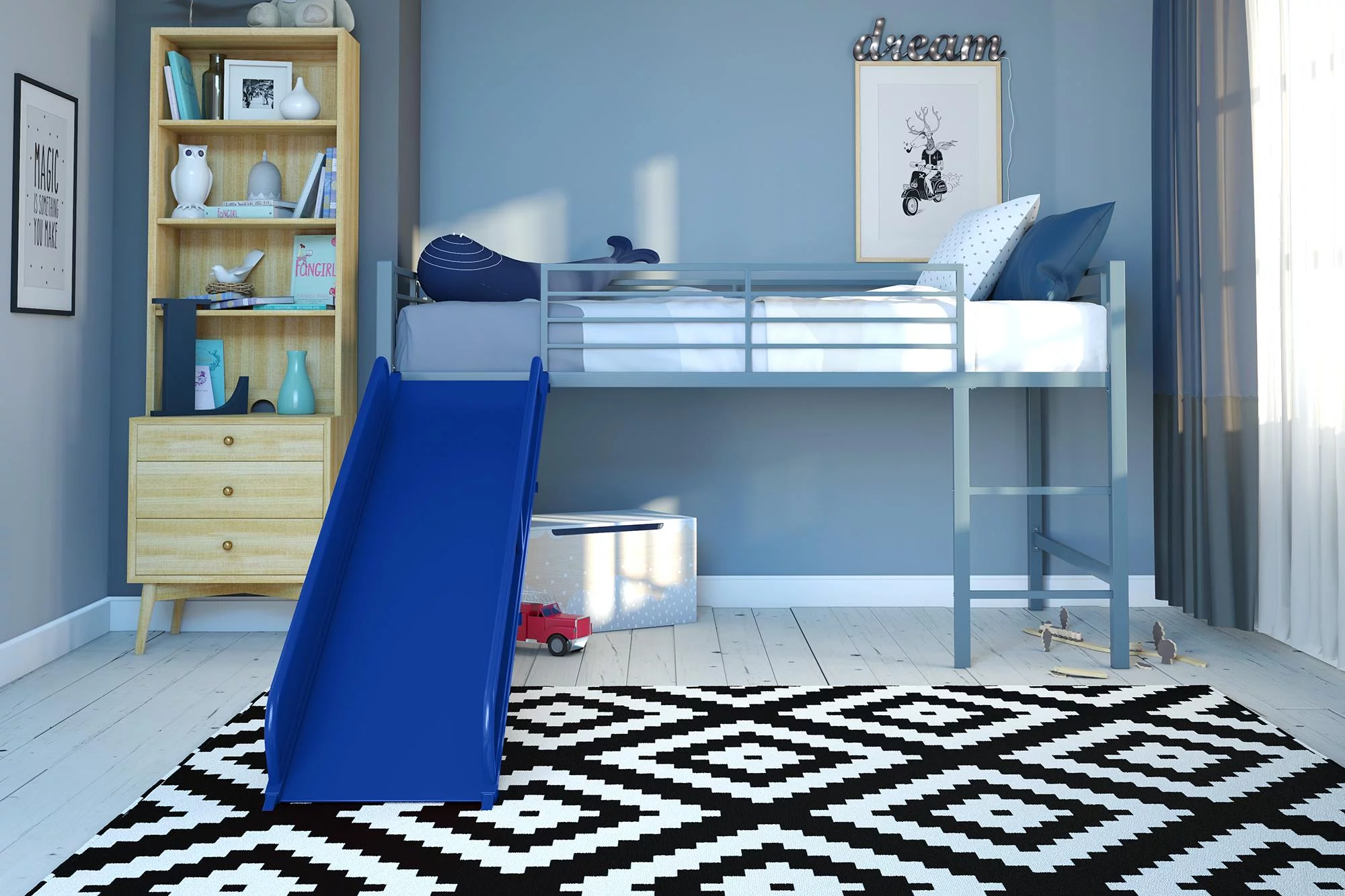 DHP Laurie Junior Twin Metal Loft Bed, Silver with Blue Slide