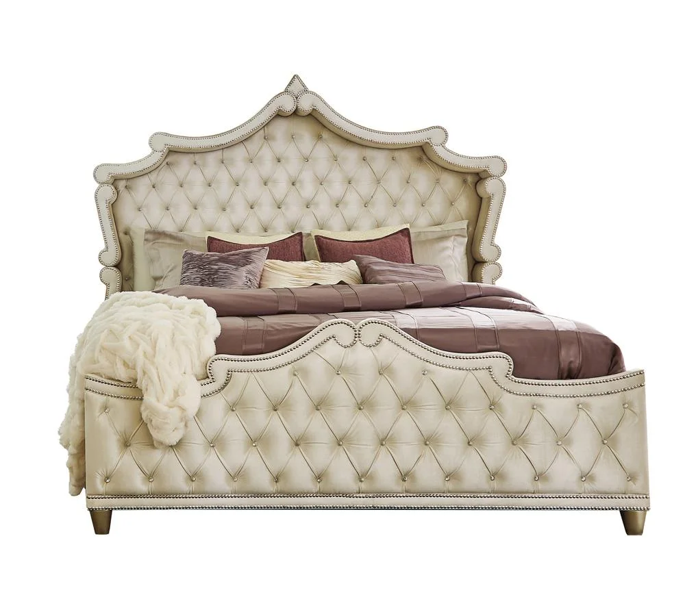 Antonella 4-Piece Eastern King Upholstered Tufted Bedroom Set Ivory and Camel
