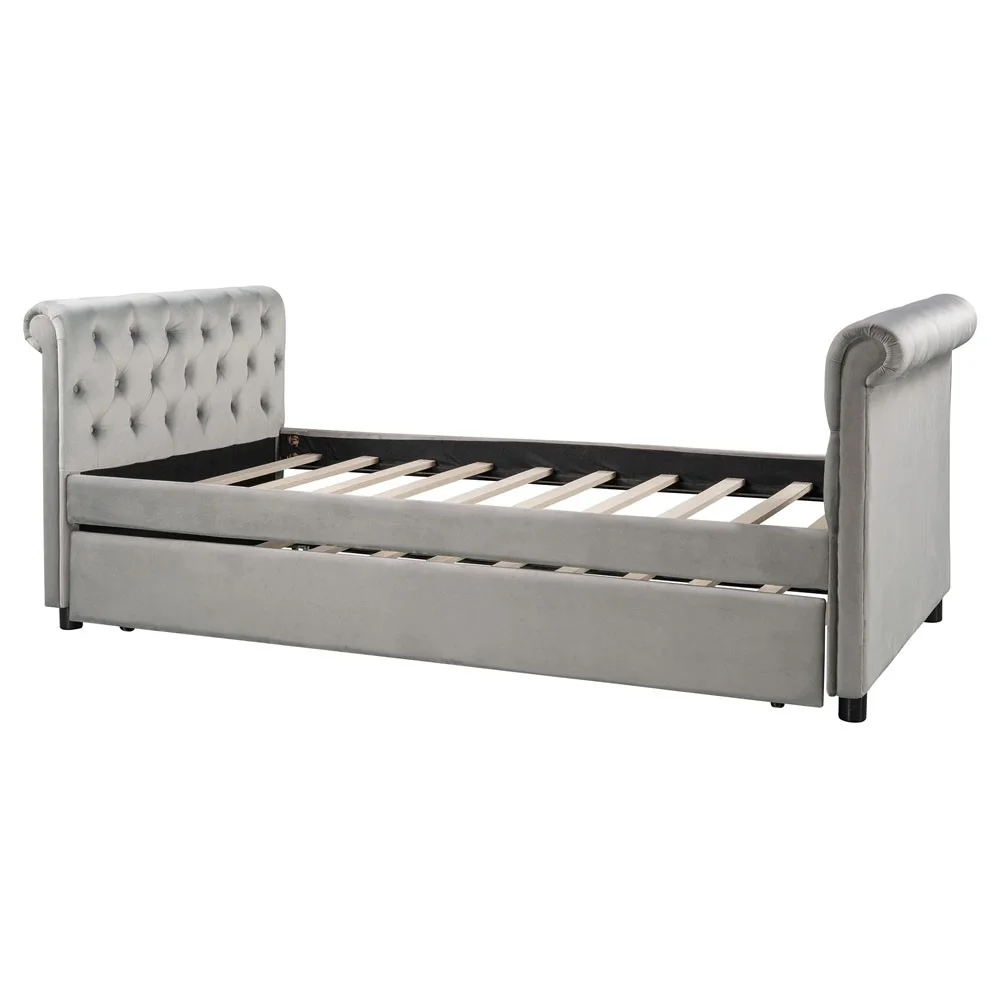 HomeRoots 473794 34 in. Tufted Upholstered Polyester Blend Bed with Trundle, Gray - Twin Size