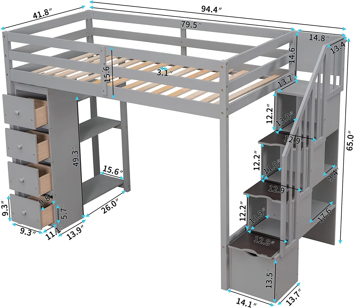 Size Loft Bed, Loft Bed Frame With Storage Drawers And Stairs, Wooden Loft Bed With Shelves, Gray