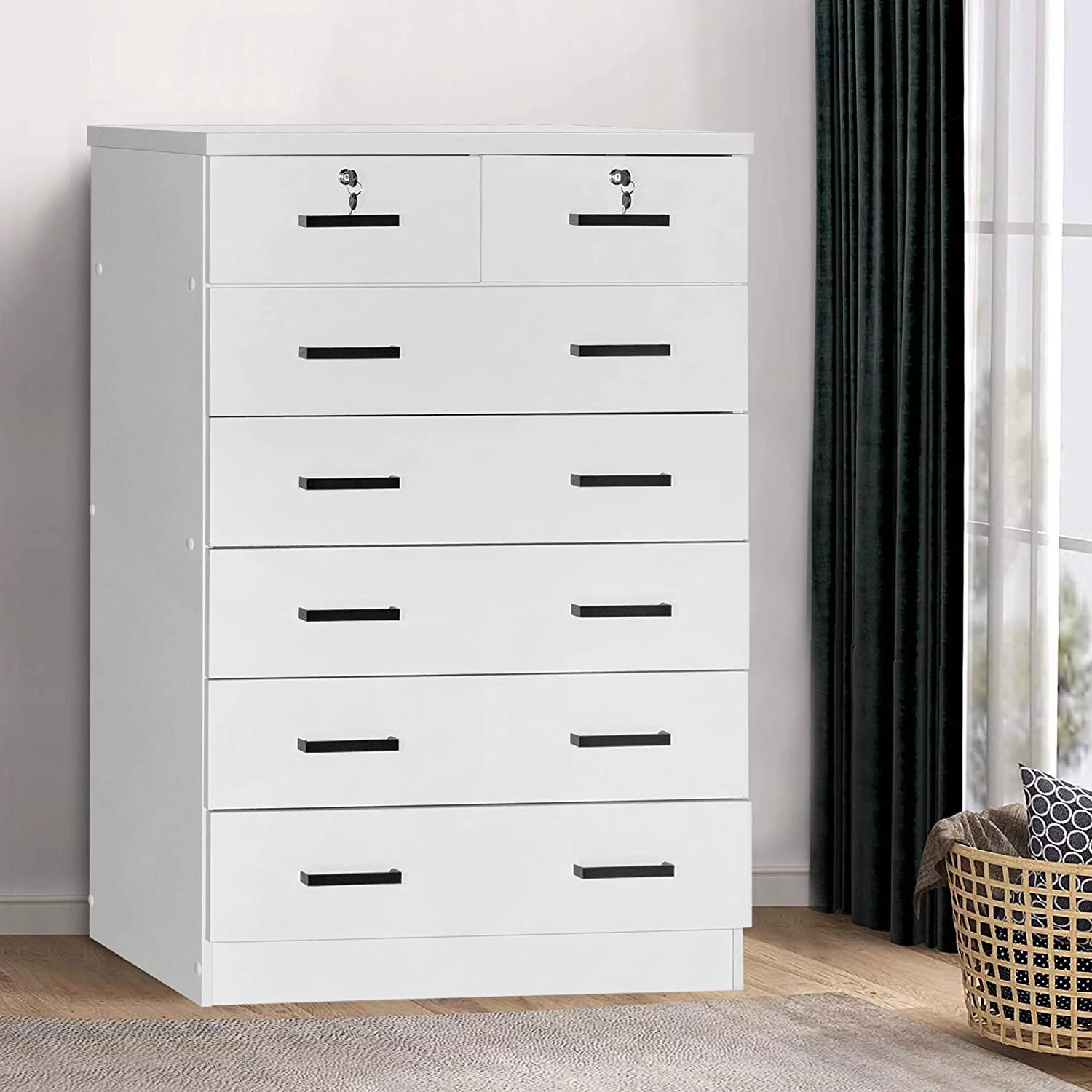 Home Products Cindy 7 Drawer Chest Wooden Dresser with Lock in Gray