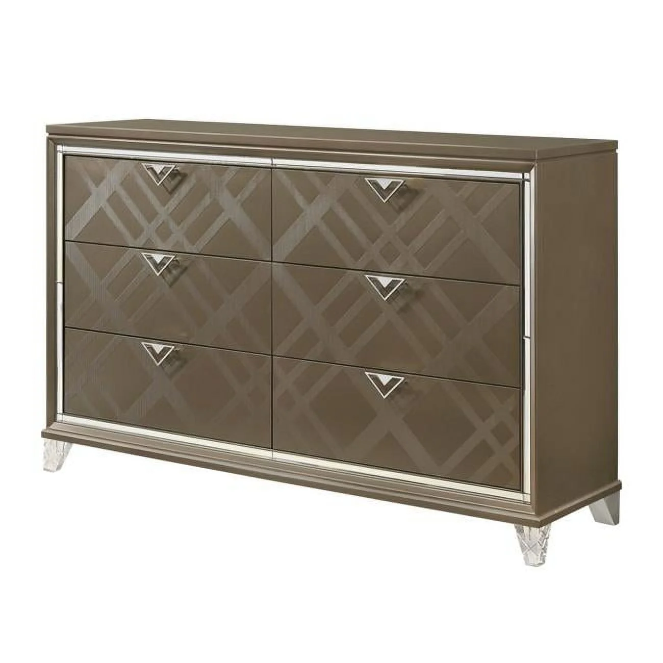 Benjara BM225966 6 Drawer Wooden Dresser with Mirror Accent & Acrylic Legs, Taupe Brown