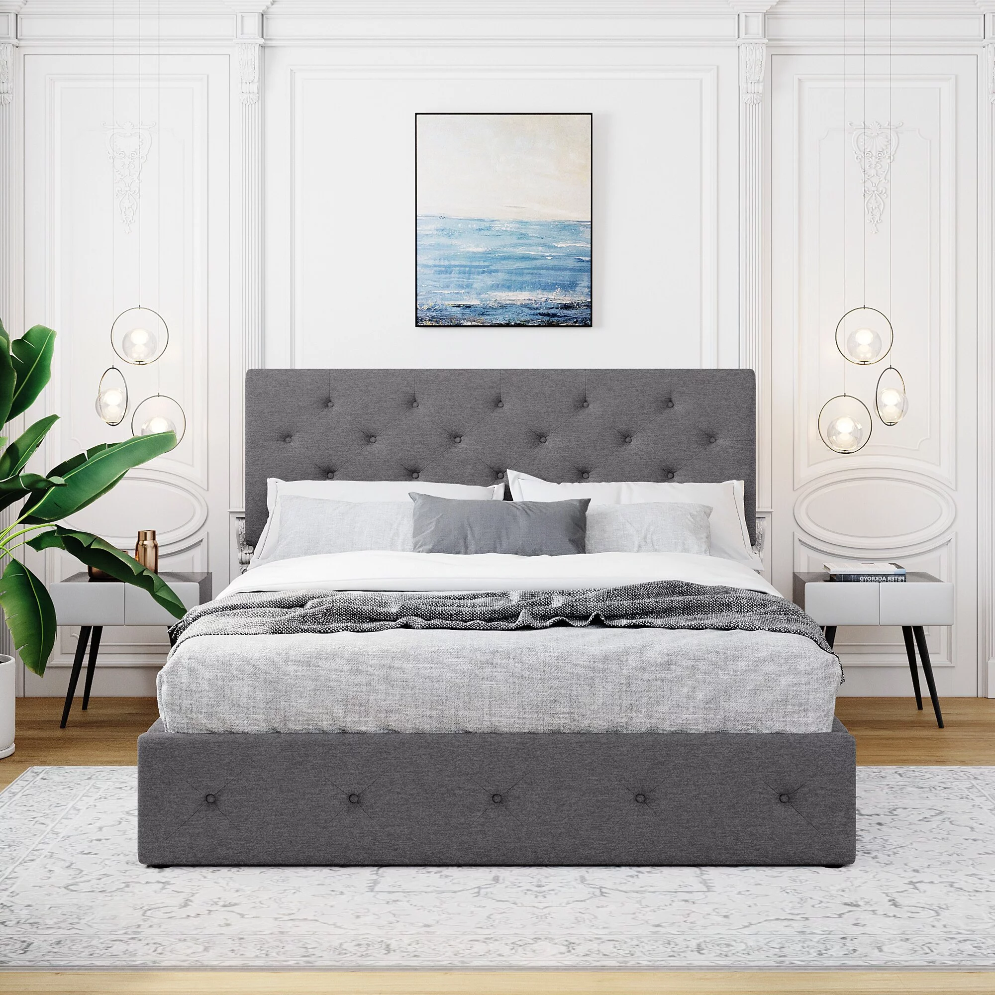 Wooden Upholstered Platform bed with a Hydraulic Storage System,Queen size