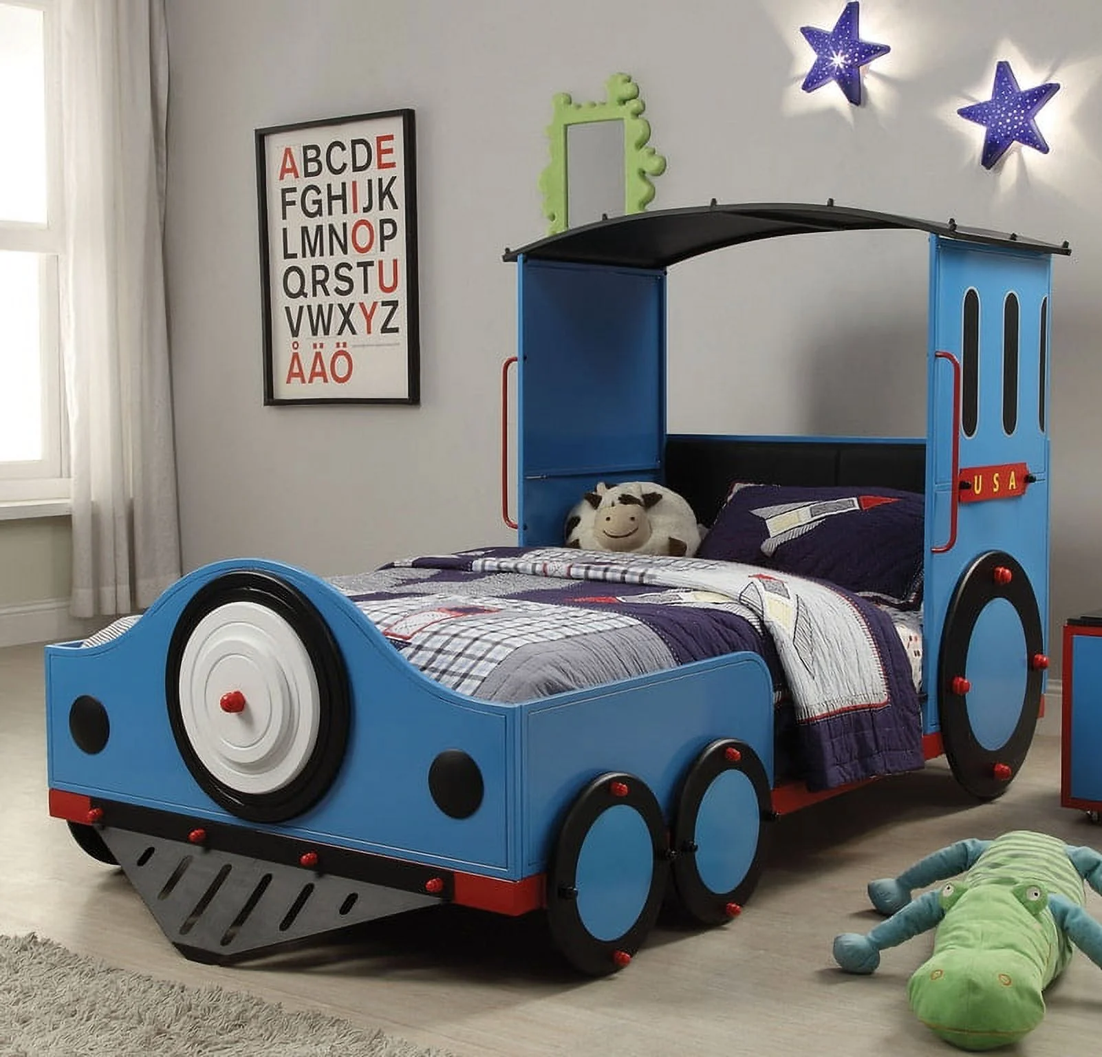 Home Roots Furniture 51 x 83 x 44 in. 25 kg FR Metal & MDF with PVC Twin Bed - Blue Red & Black