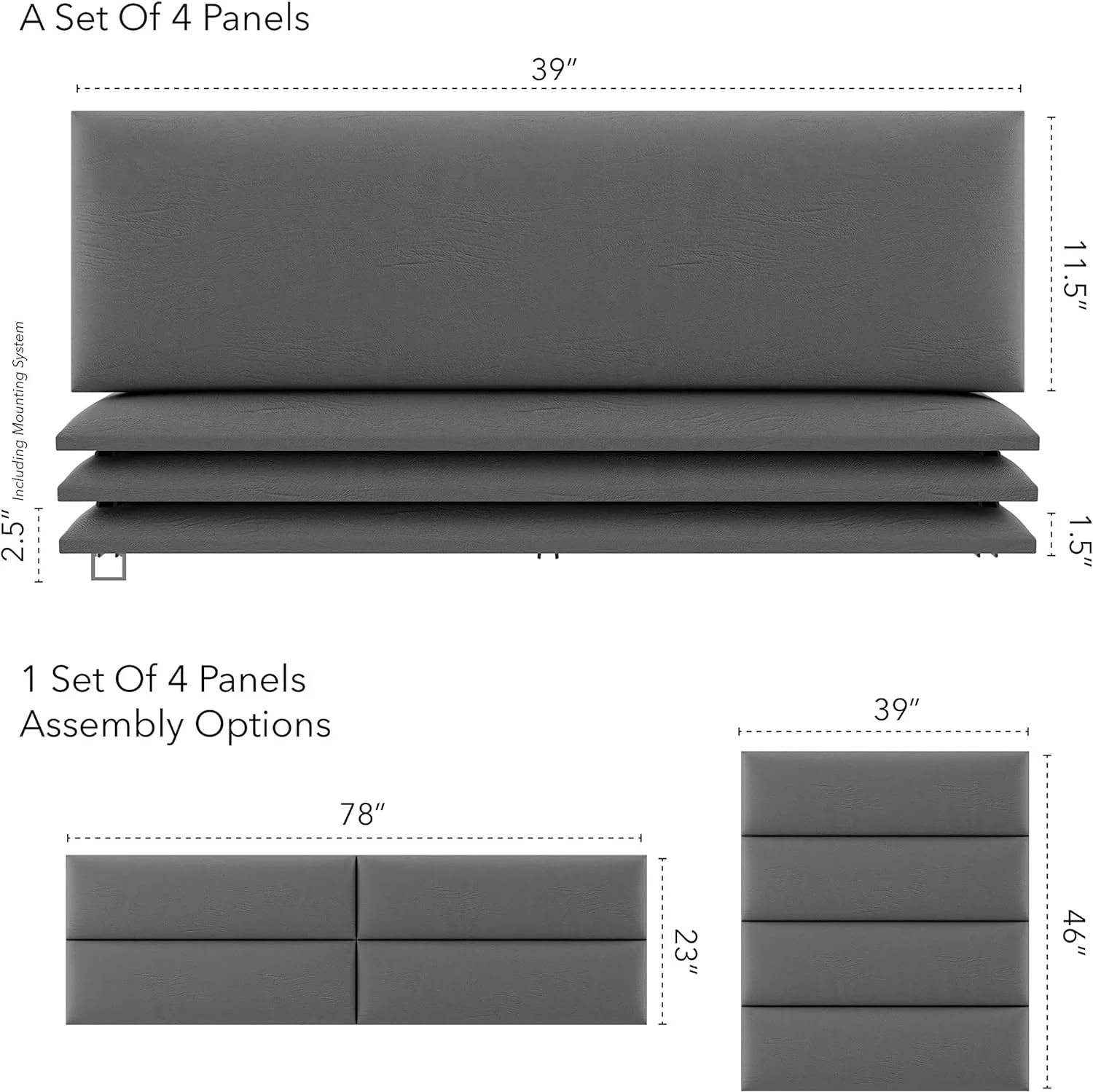 Upholstered Headboards - Accent Wall Panels - Vintage Leather Gray Pewter - /King - Set Of 4 Panels (Each Individual Panel 39