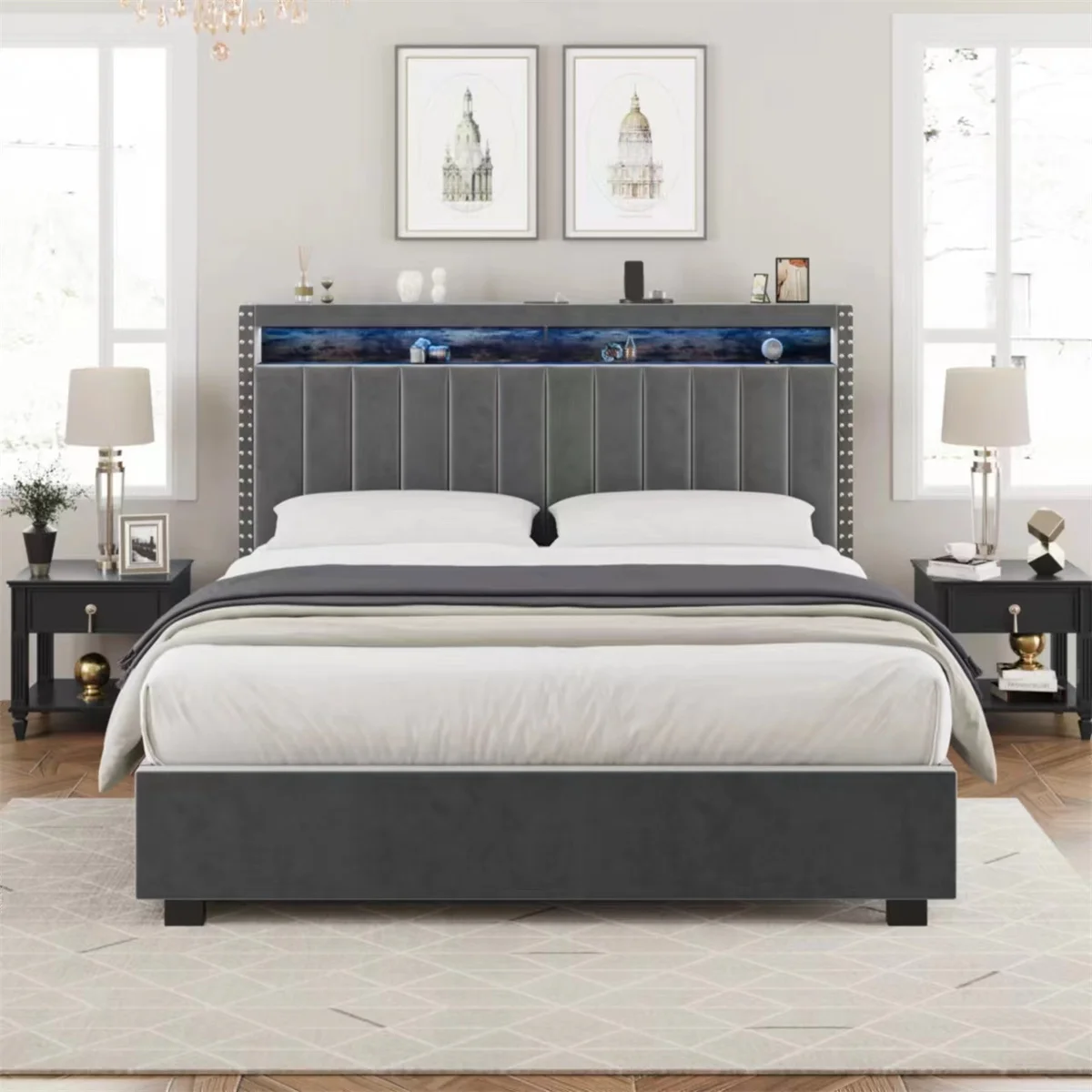 Queen Size Gas Lift Up Storage Bed with RF LED Lights and Storage Headboard, No Box Spring Needed & Easy Assembly, Gray