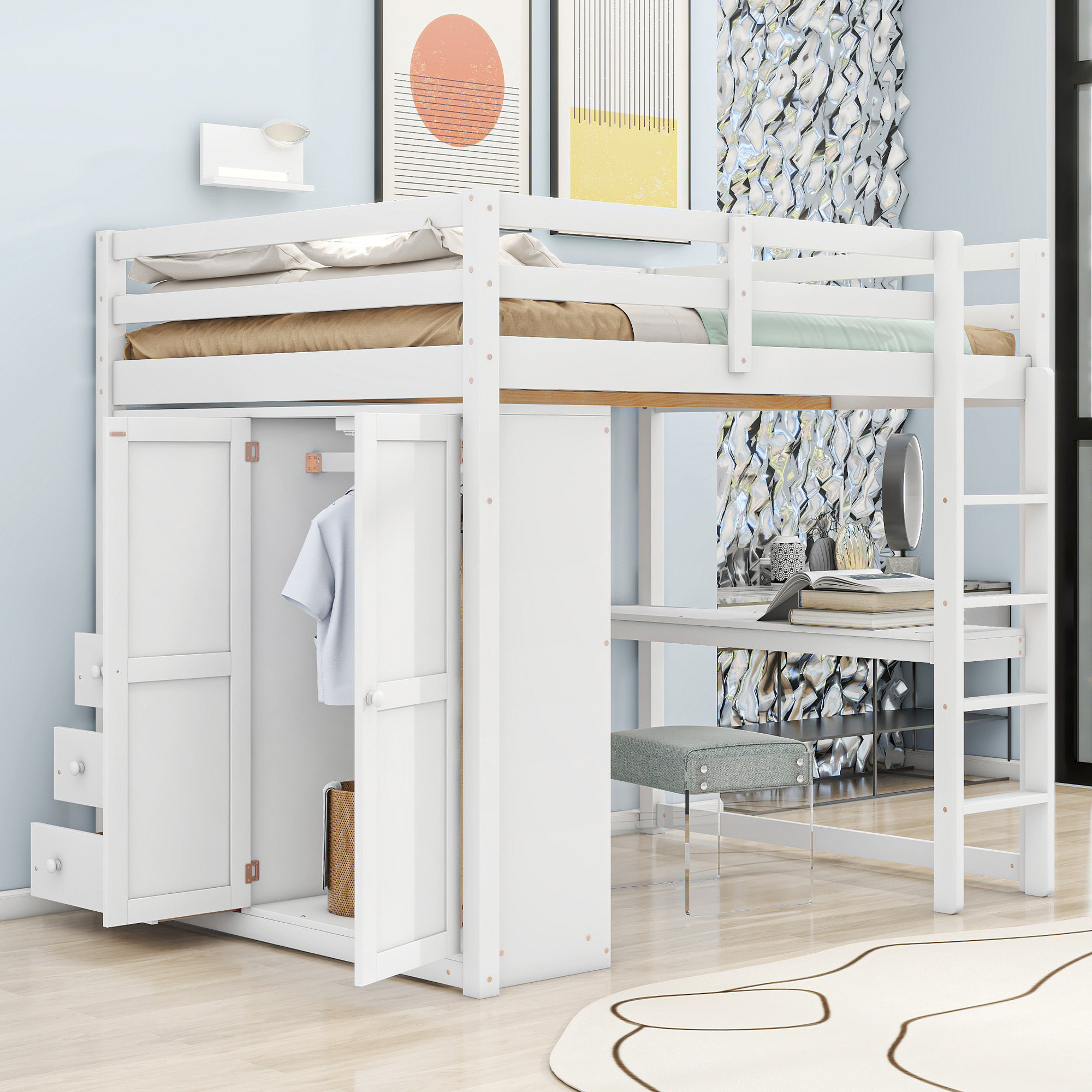 CoSoTower Wood Full Size Loft Bed with Built-In Wardrobe, Desk, Storage Shelves and Drawers, White