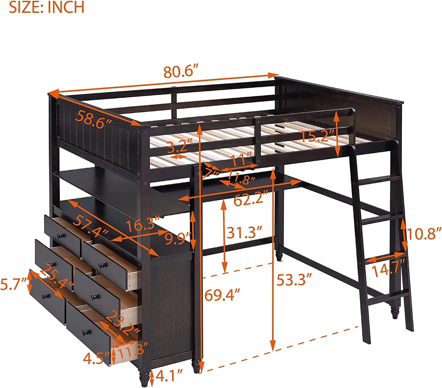 Full Size Loft Bed With Desk Ad Storage, Solid Wood Loft Bed Frame With Drawers Ad Shelves, For Kids Tees Adults - Espresso