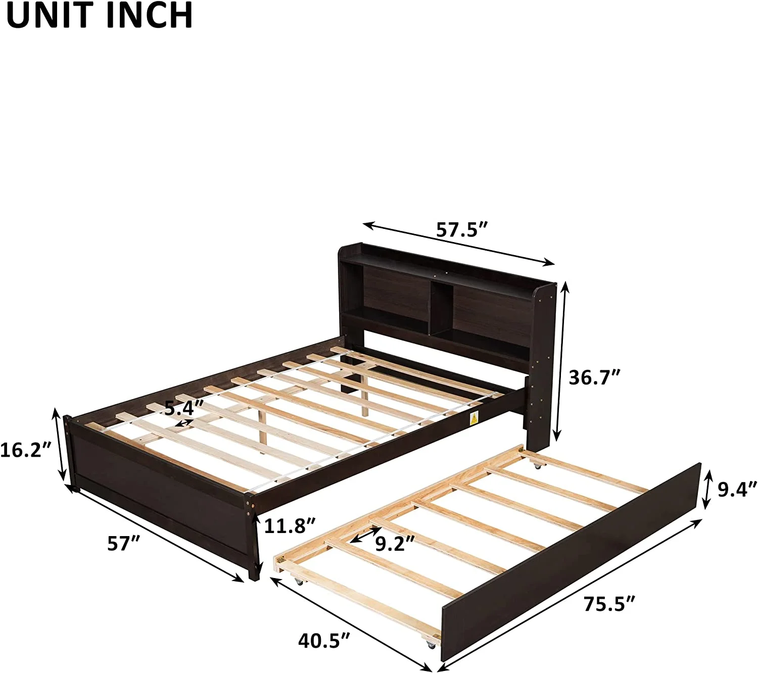 Size Platform Bed With Trundle And Bookcase, Wooden Storage Platform Bed With Storage Headboard, No Spring Box Needed, Espresoo