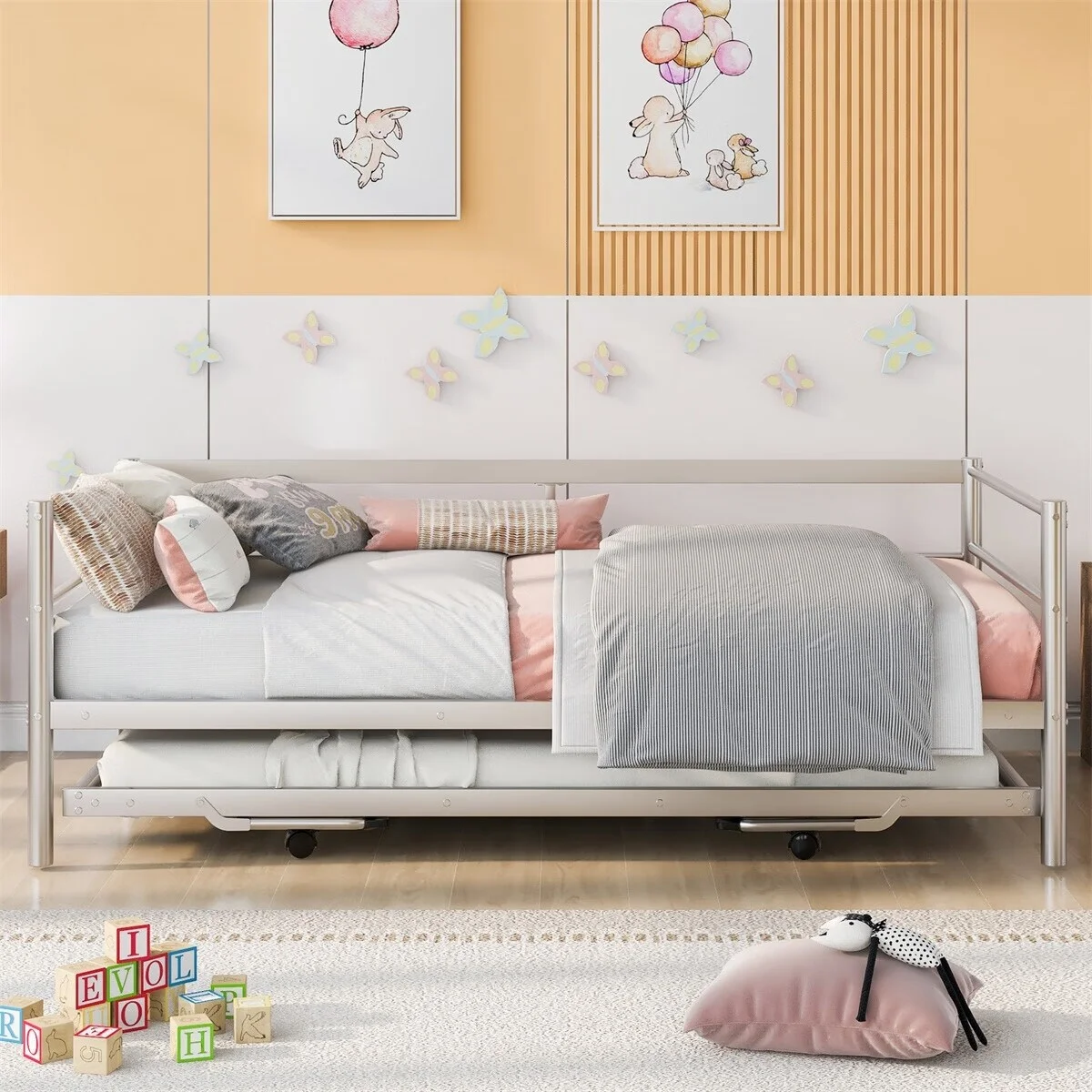 MERAX Twin Size Metal Daybed with Adjustable Trundle, Pop Up Trundle Black