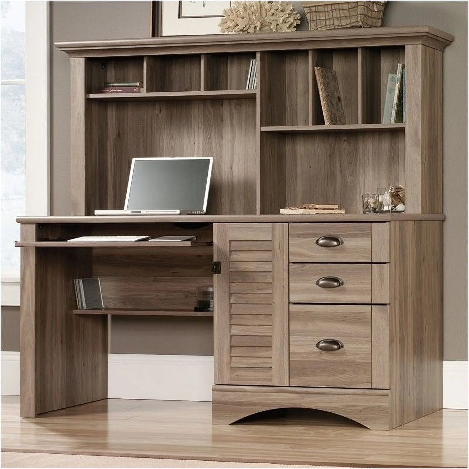 Scranton & Co Computer Desk with Hutch in Salt Oak Finish