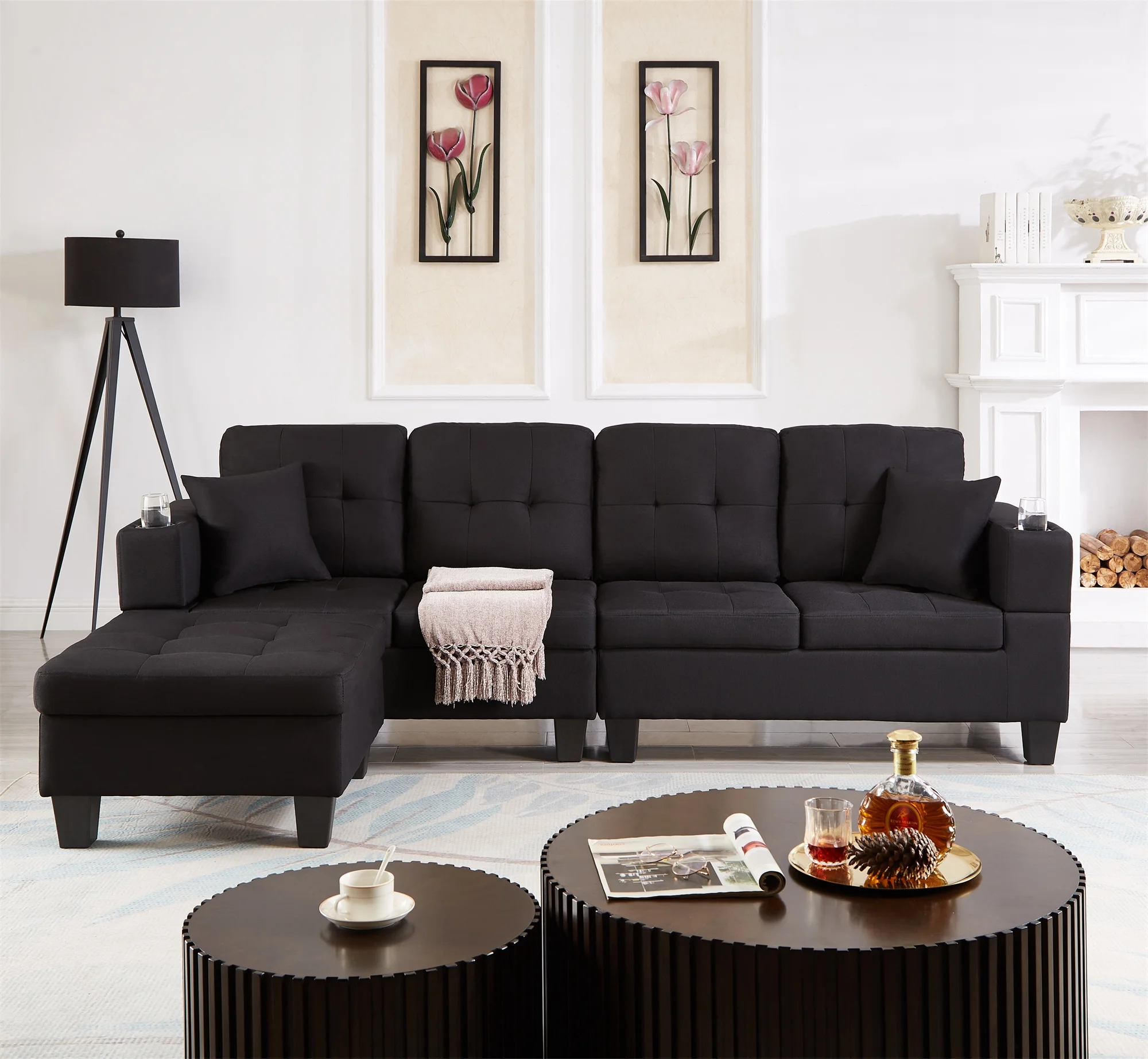 Gexpusm Sectional Sofa with Movable Ottoman, L-Shape Couch with Chaise, 4 seat Sofa for Apartment and Living Room, Black Sectional Sofa