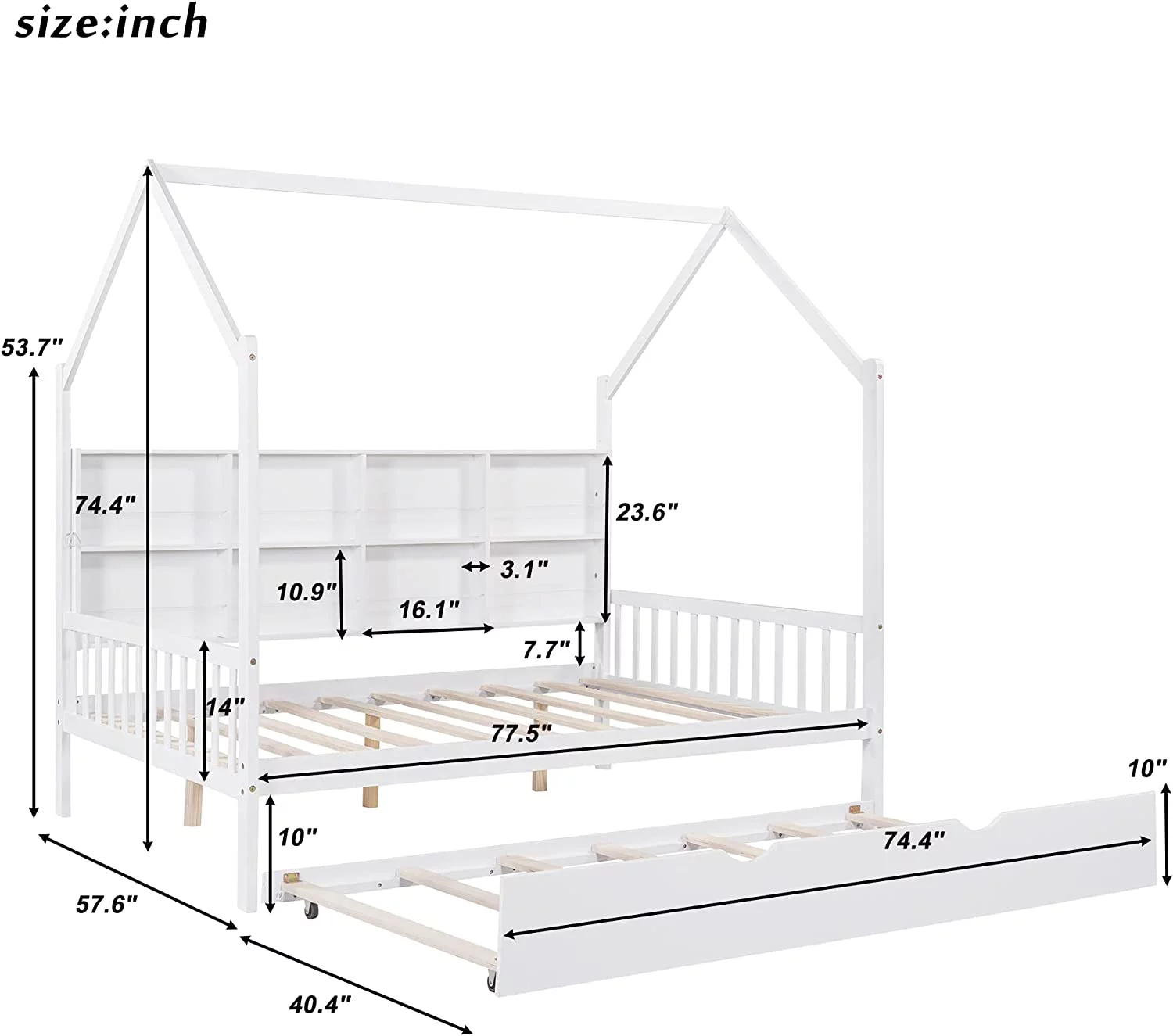 Full Size Wooden House Bed,Solid Wood Full Bed Frames with Trundle and Shelf,Kids House Bed