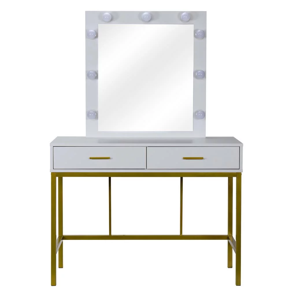 GoDecor Vanity Table with Lighted Mirror and Drawer, Makeup Dressing, for Bedroom, Gold and White