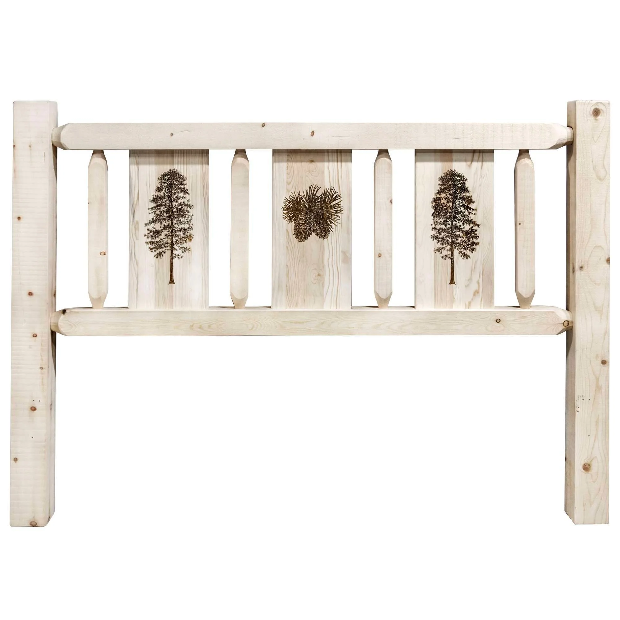 Homestead Collection Queen Headboard w/ Laser Engraved Pine Design, Clear Lacquer Finish