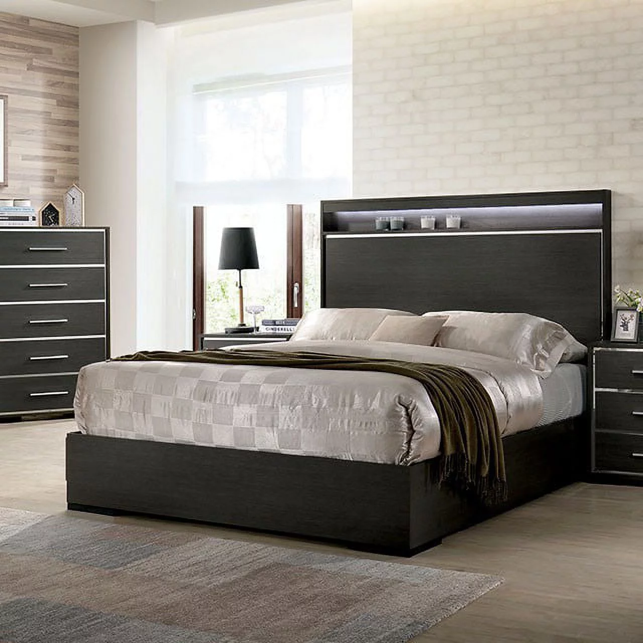 1pc Queen Size Storage Platform Bed Wooden Bedroom Furniture Gray Color Finish