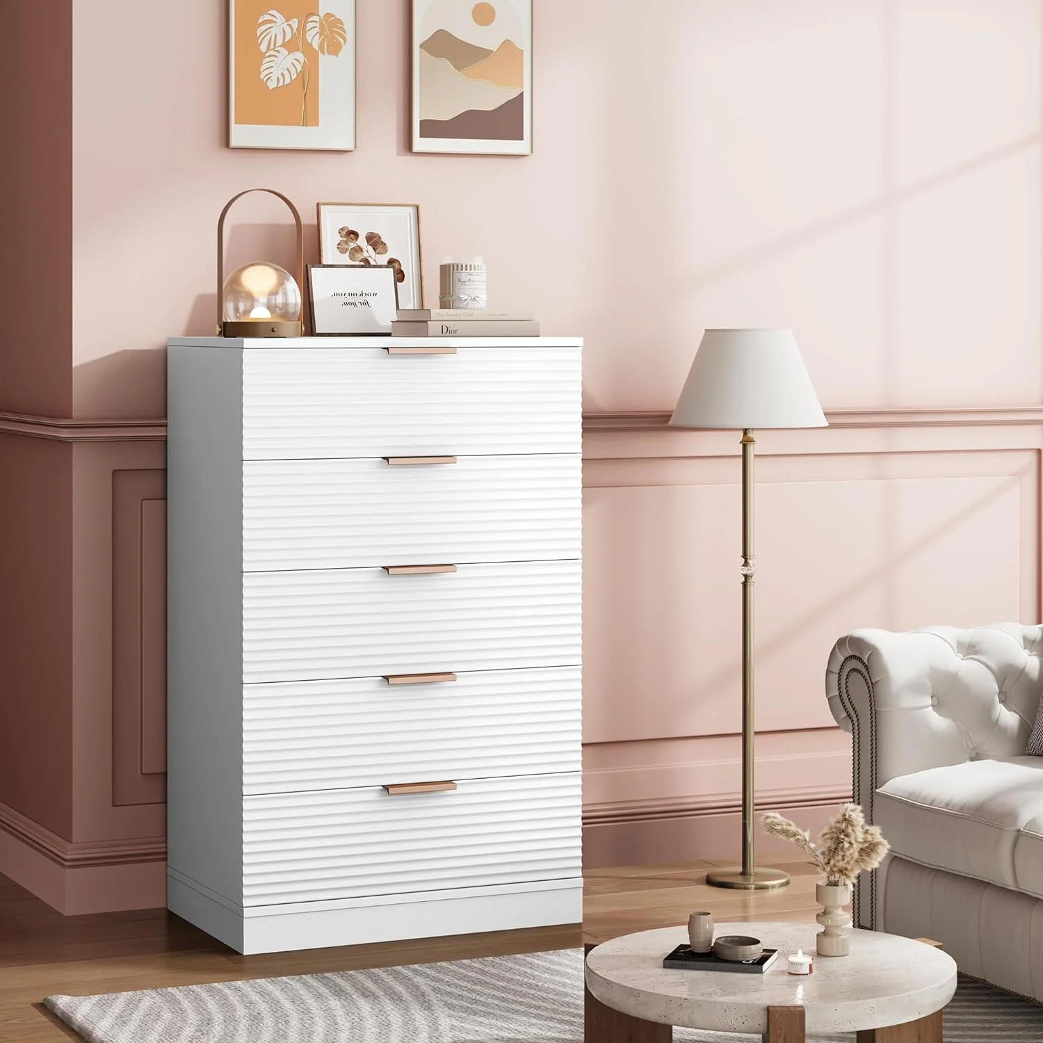 5 Drawer Dresser Tall Chest of Drawers with Wood Dresser with Embedded Handles Large Capacity Cabinet for Living Room Hallway