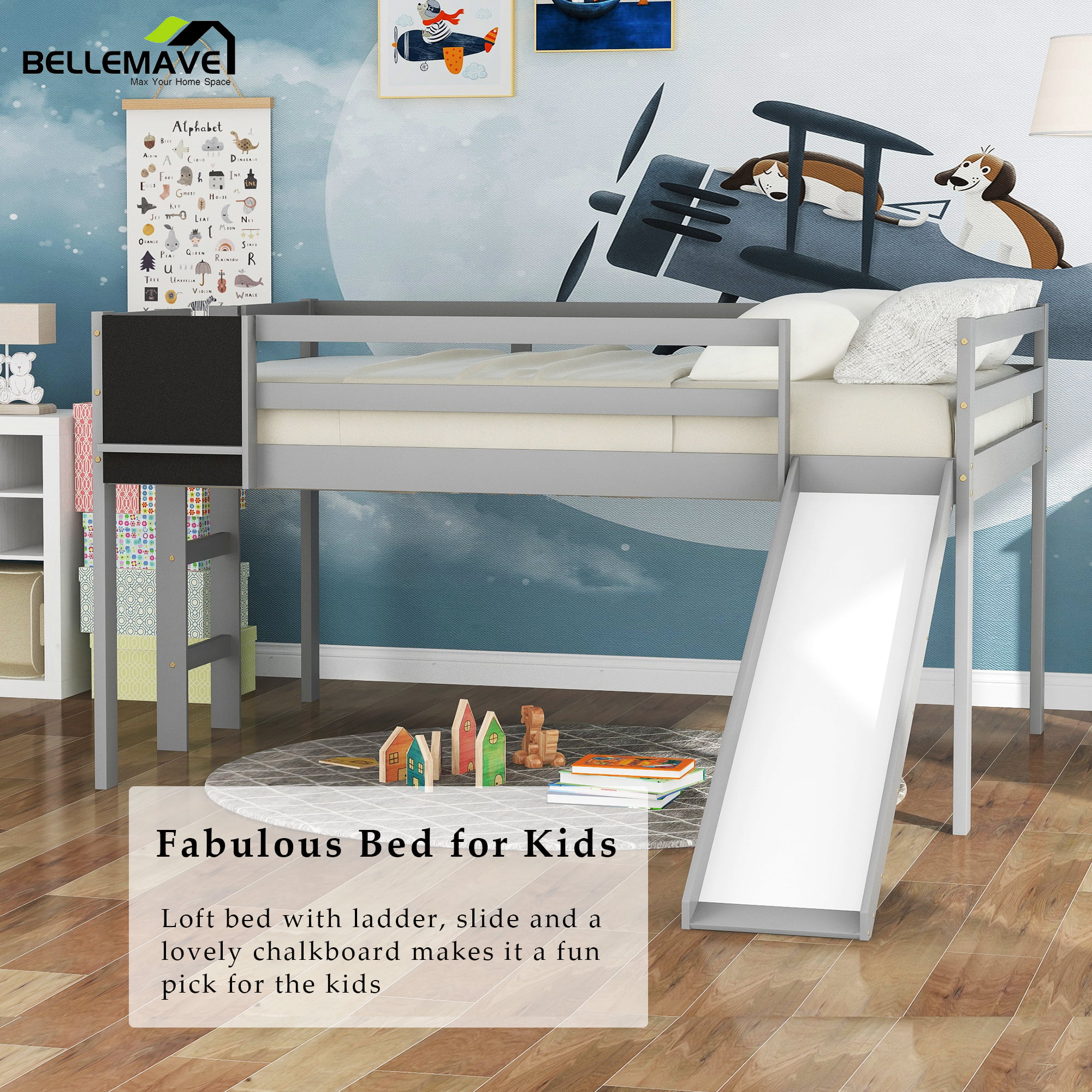 Bellemave Full Size Loft Bed Frame with Slide and Ladder, Wood Low Loft Bed with Flexible Chalkboard, Ladder & Slide for Toddler, Kids, Teens(Full, Gray)