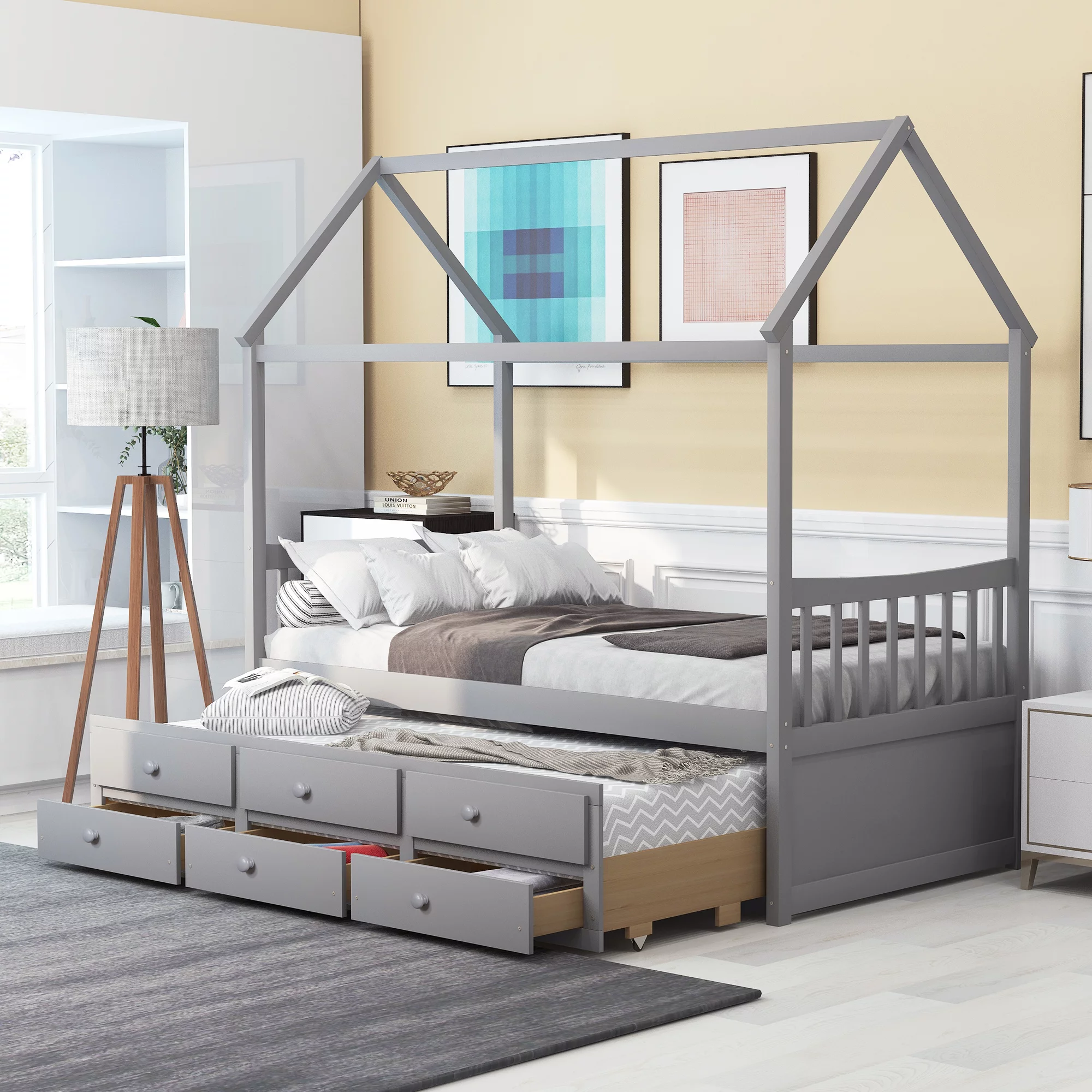 Gray Twin Size Wooden House Bed with Trundle and 3 Storage Drawers