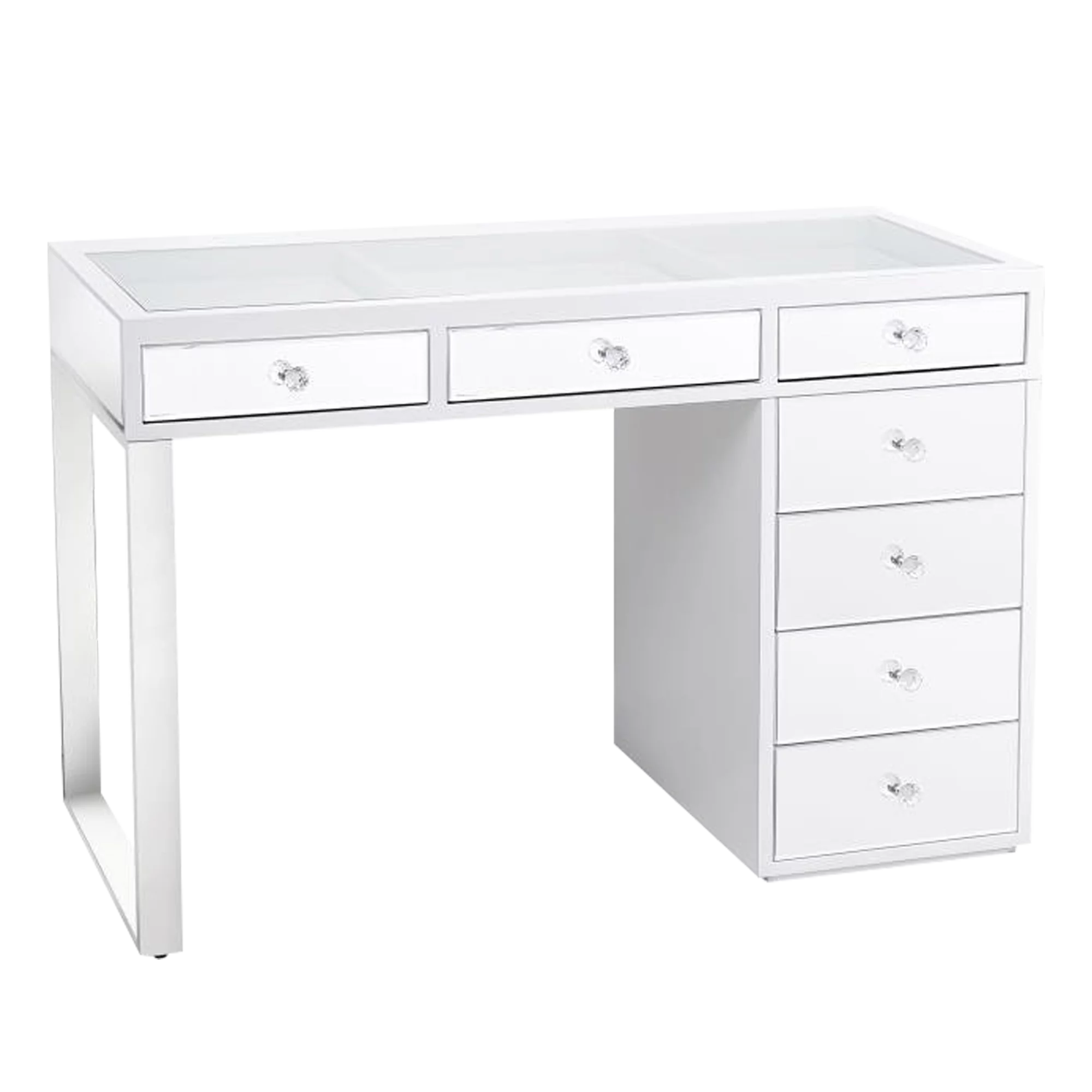 Impressions Vanity Desk, Mini SlayStation Kylie 1.0 Vanity Table with Clear Glass Top View and 7 Drawers for Dressing Room & Bedroom (White Mirrored)