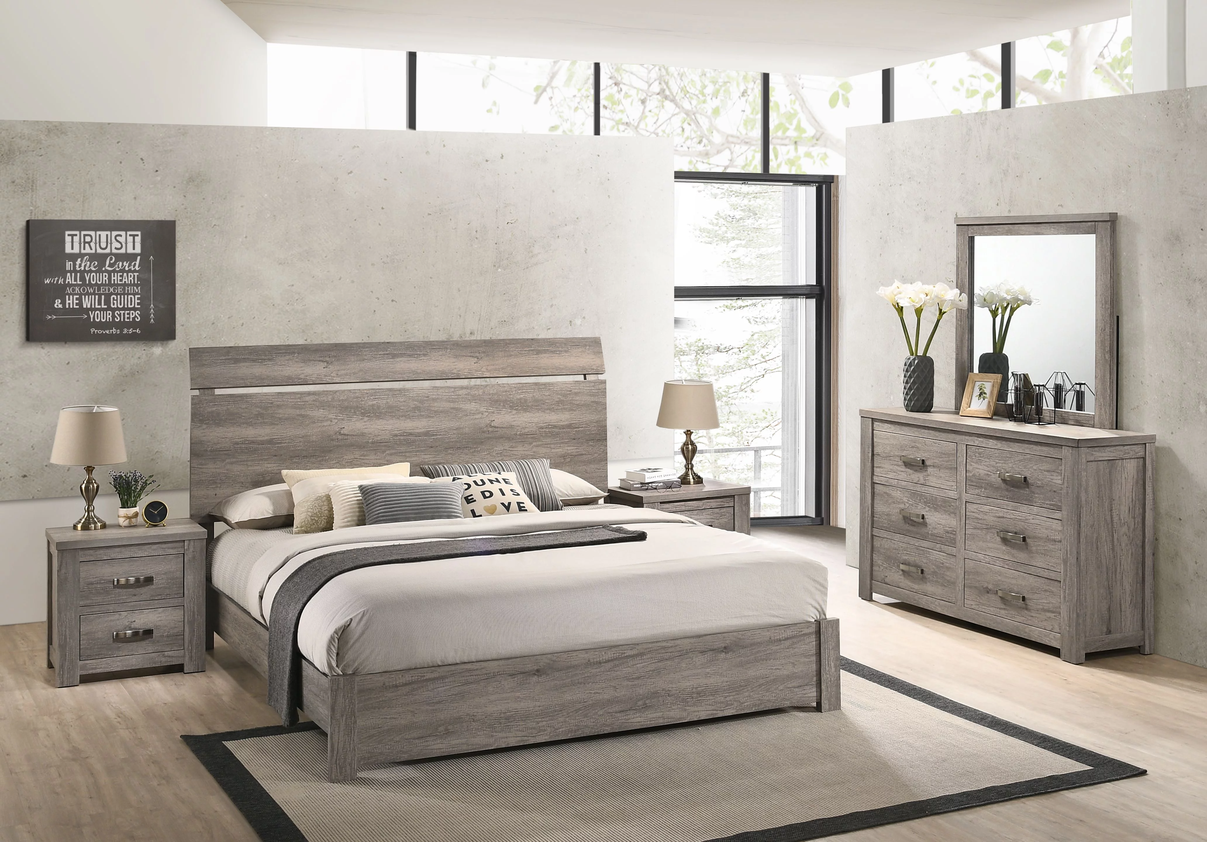 Roundhill Furniture Floren Contemporary Weathered Gray Wood Bedroom Set, King Panel Bed, Dresser, Mirror, Two Nightstands