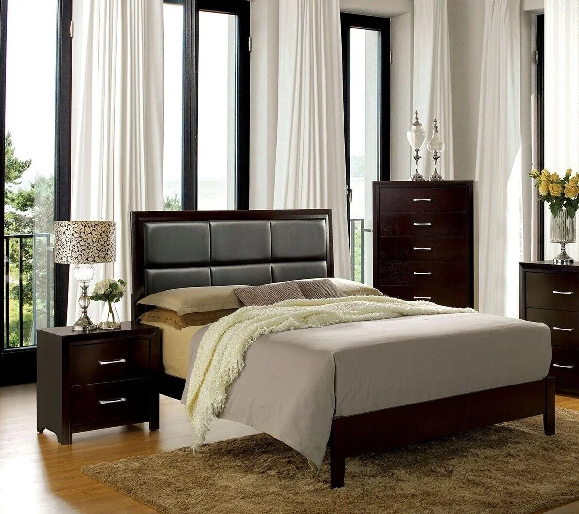 Contemporary Espresso Gorgeous 3pcs Eastern King Size Bed Bedroom Furniture Set 2x Nightstand Padded Headbaord Replicated Wood