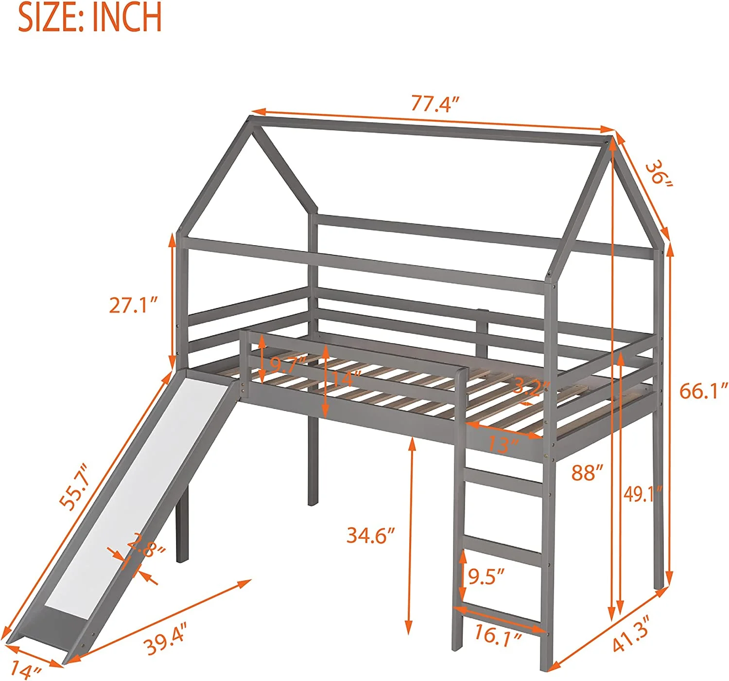 Full Size Loft Bed With Slide And Ladder, Wood House Bed Frame With Roof For Kids Boys Girls, Gray