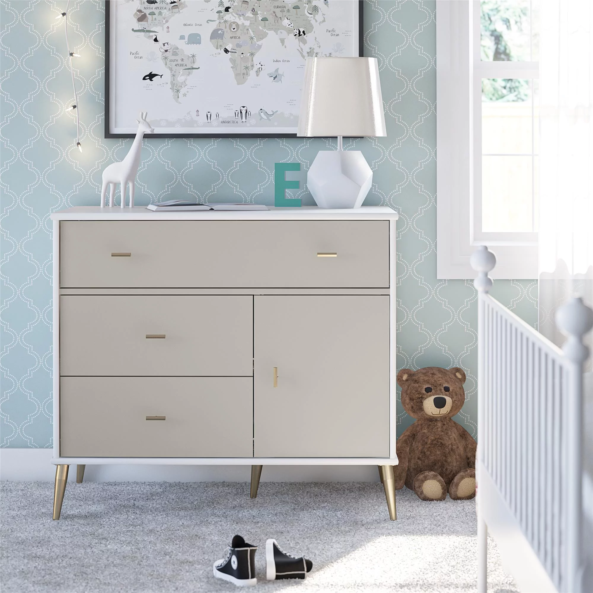 Little Seeds Valentina Asymmetrical 3 Drawer / 1 Door Convertible Dresser, White and Taupe
