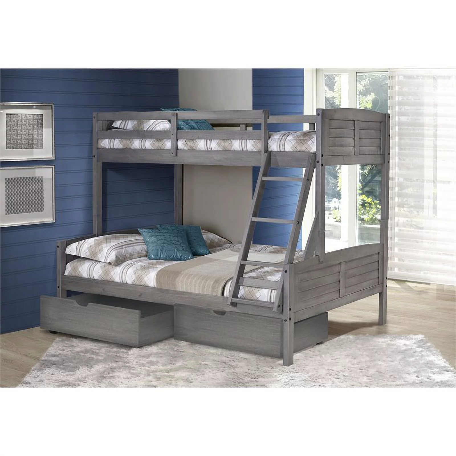 Donco Kids Louver Bunk Bed-Color:Antique Grey,Size:Twin/Full,Style:W/DUAL UNDER BED DRAWERS