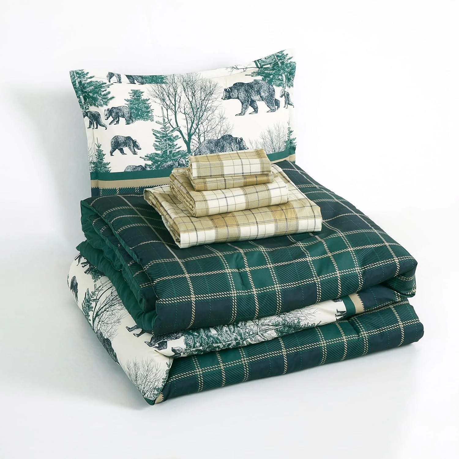 Chezmoi Collection Alpine 7-Piece Northwest Cabin Lodge Bed in a Bag California King Comforter Set, Blue Green Ivory Tan Grizzly Bear Pine Tree Wilderness Printed Microfiber Bedding Set