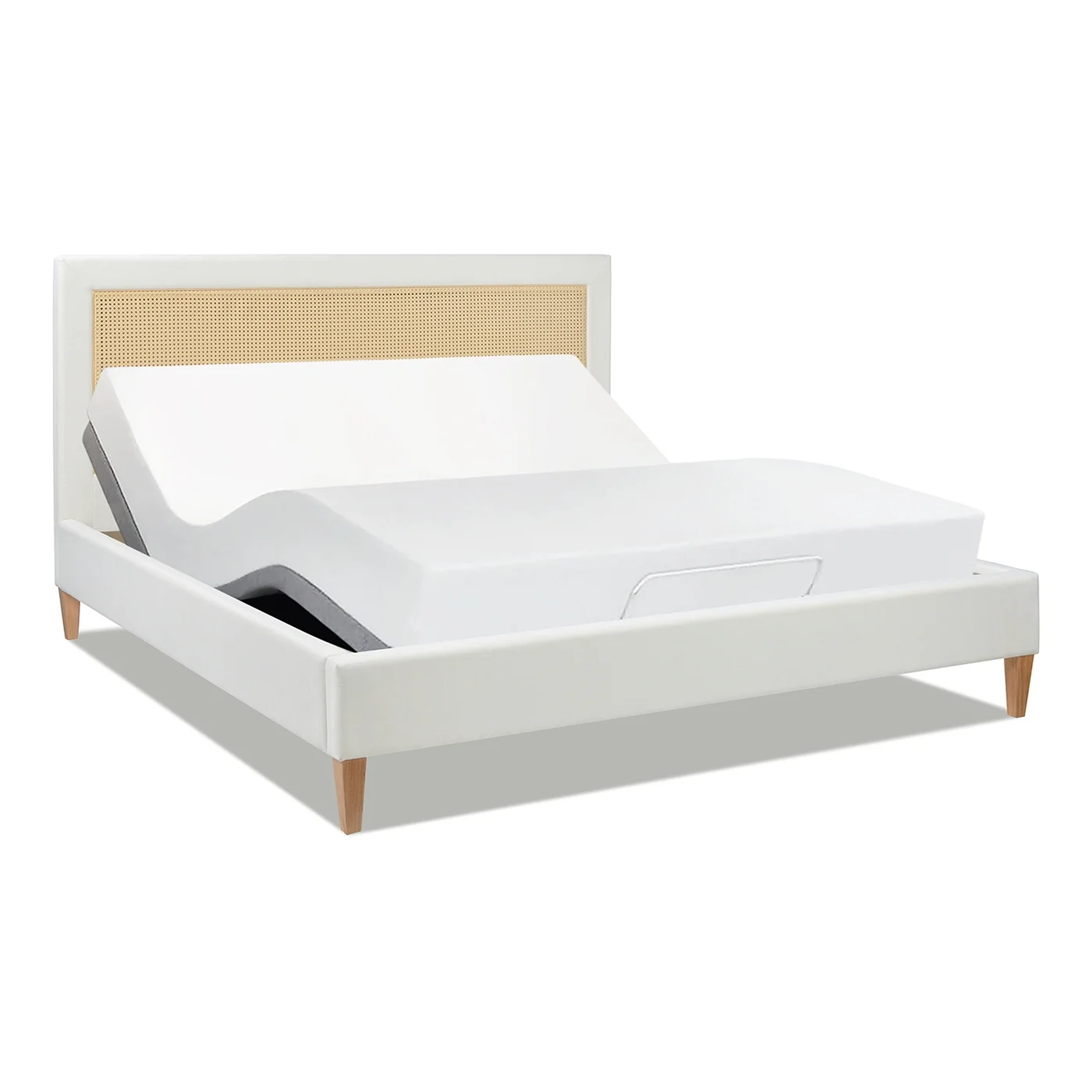 Haley Upholstered Cane-Back Platform Bed, King, Snow White Polyester