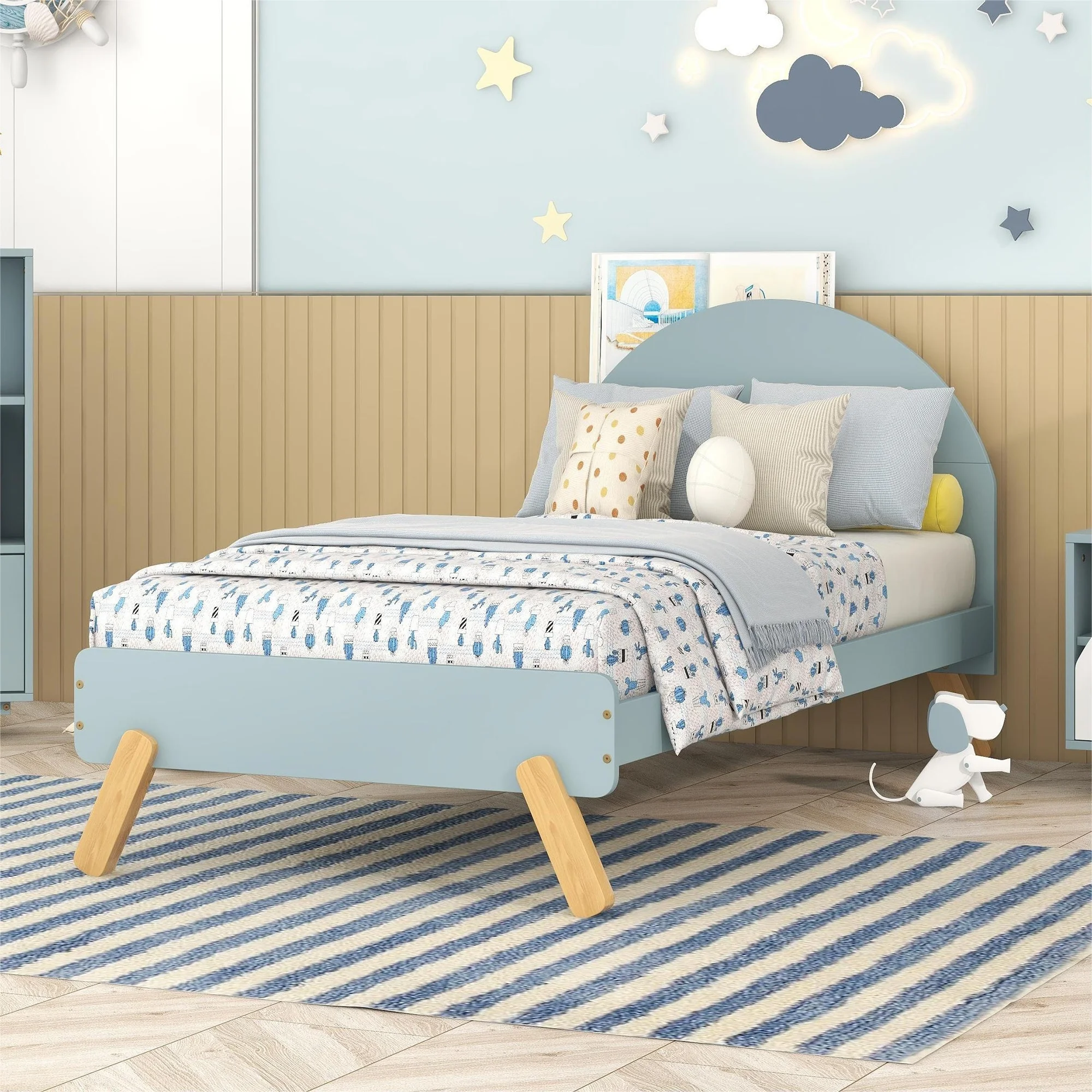 Nestfair  Twin Size Wooden Cute Platform Bed With Curved Headboard White