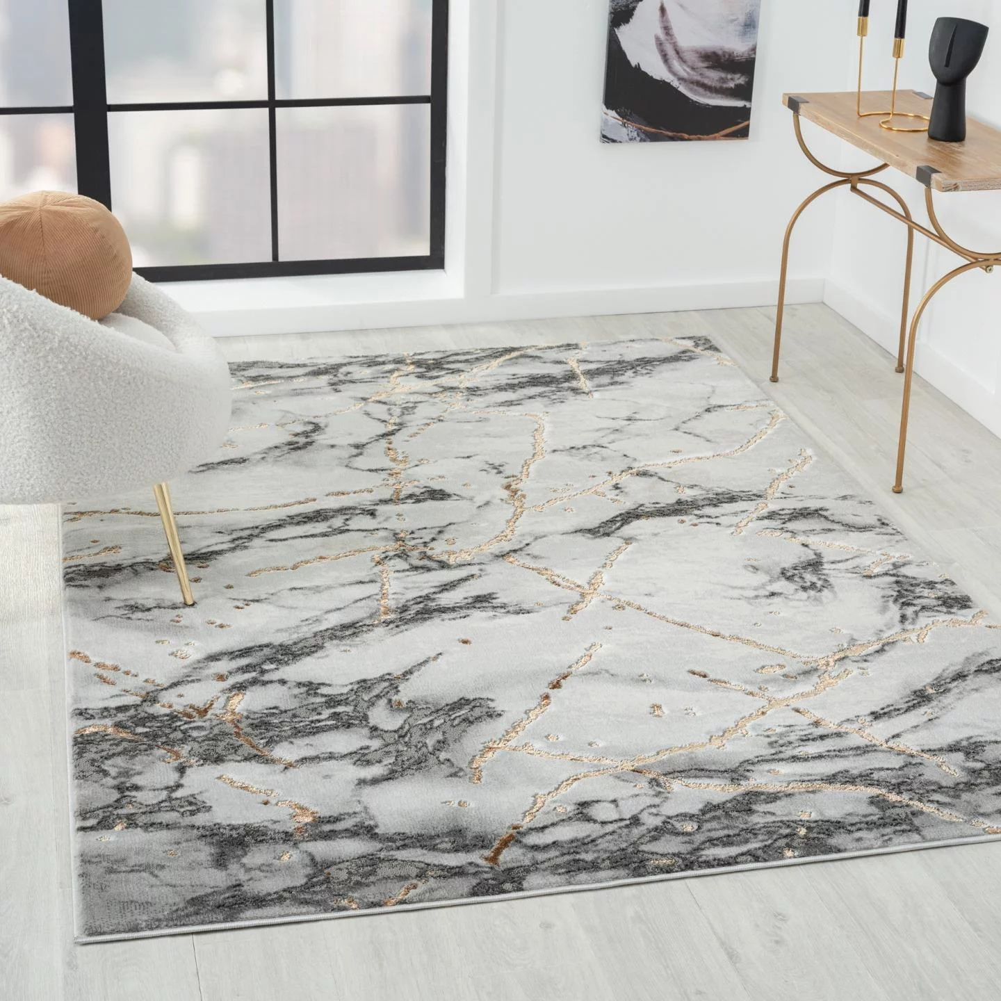 Luxe Weavers Ivory 8x10 Marble Abstract Area Rug Gold, Stain-Resistant Carpet